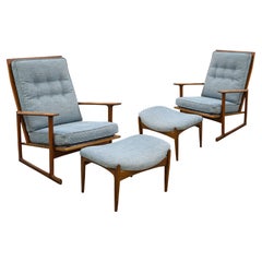 Vintage Pair of Kofod Larsen for Selig Blue Tufted Fabric Sled Chairs with Ottomans