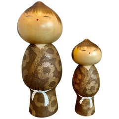 Retro Pair of Kokeshi Wood Dolls by Mazao Watanabe 1917-2007 Japan, circa 1979
