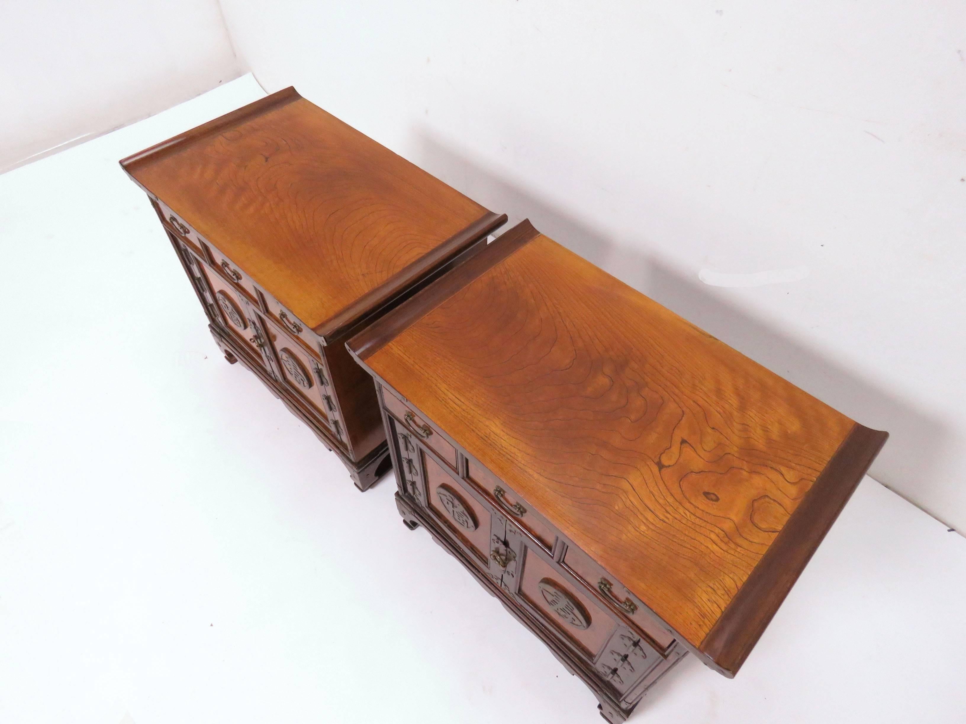 Pair of Korean Bandaji Side Tables/Low Chests on Stands with Brass Hardware 1