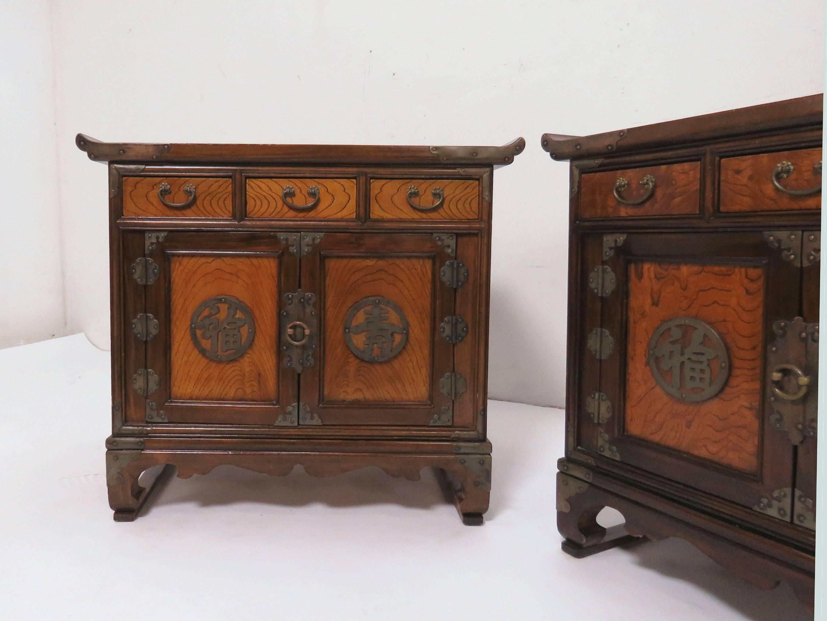 Pair of Korean Bandaji (blanket) chests on stands with intricate brass-work and hardware. 22