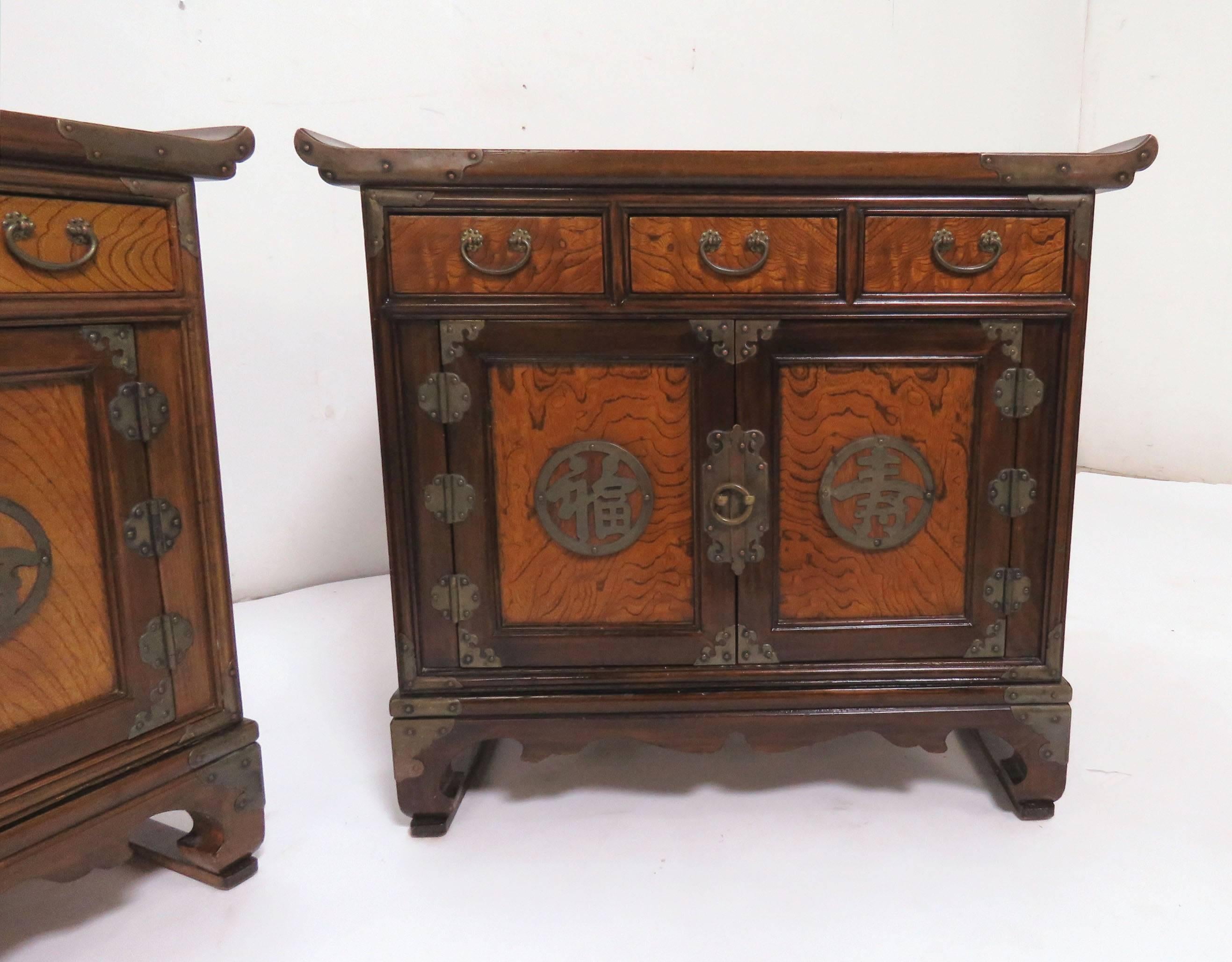 Other Pair of Korean Bandaji Side Tables/Low Chests on Stands with Brass Hardware