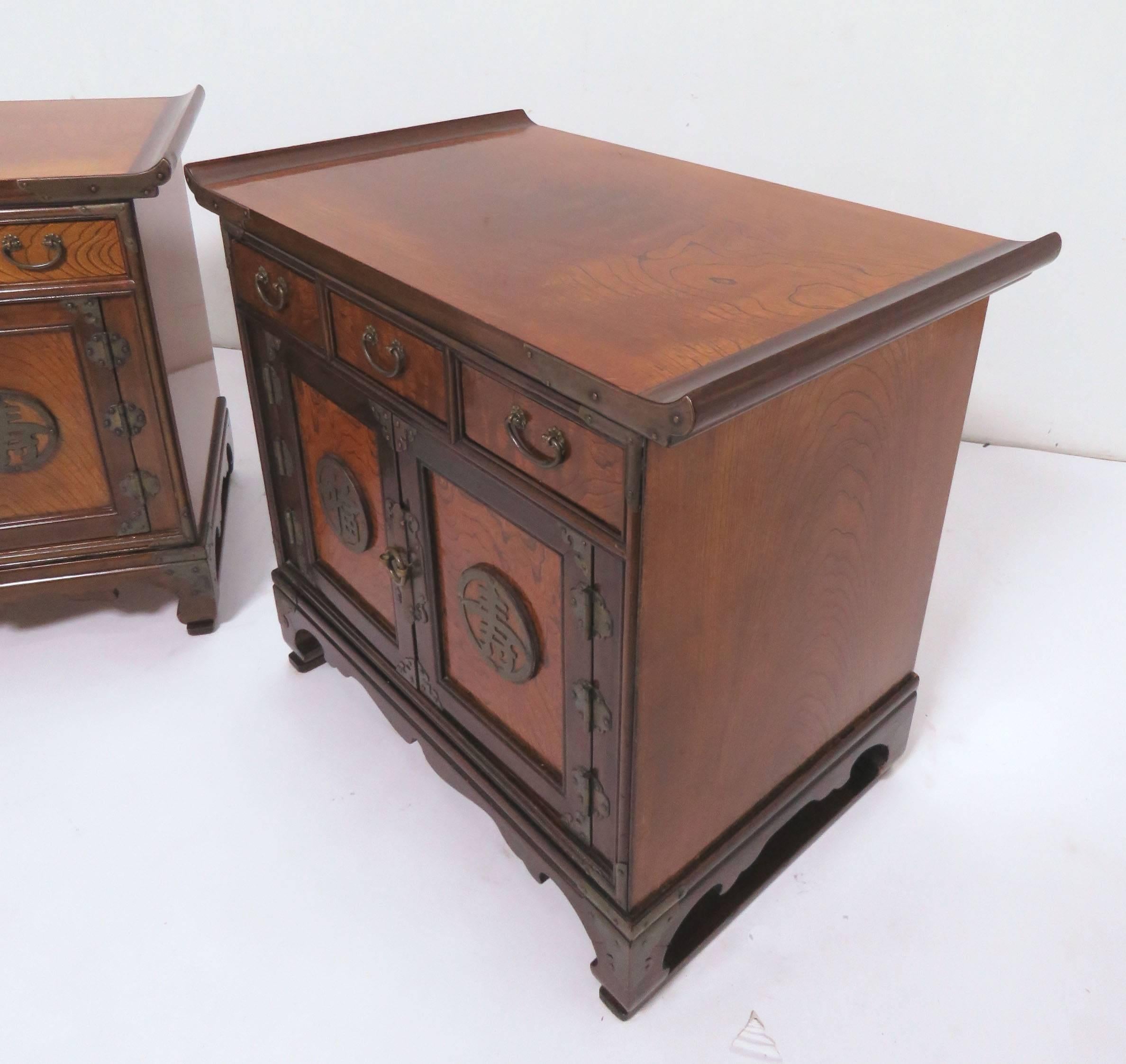 Mid-20th Century Pair of Korean Bandaji Side Tables/Low Chests on Stands with Brass Hardware