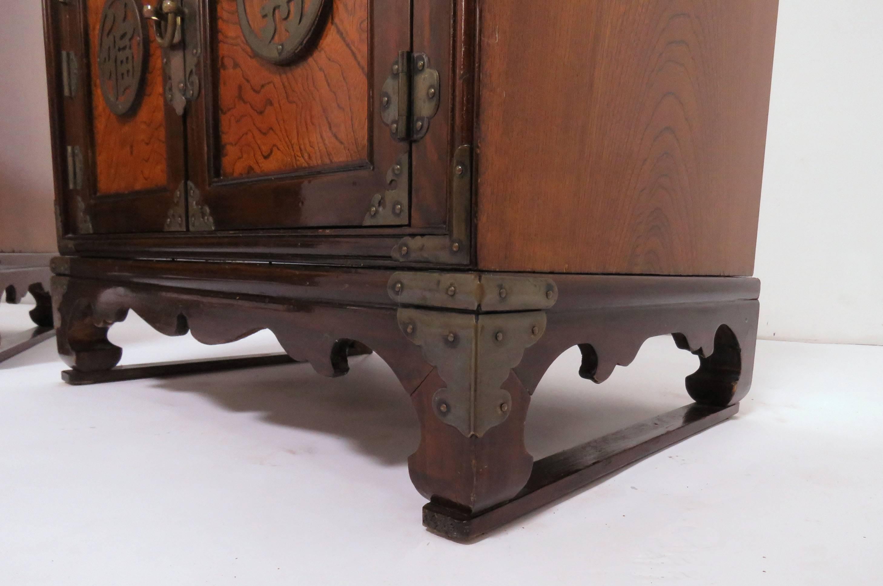 Elm Pair of Korean Bandaji Side Tables/Low Chests on Stands with Brass Hardware