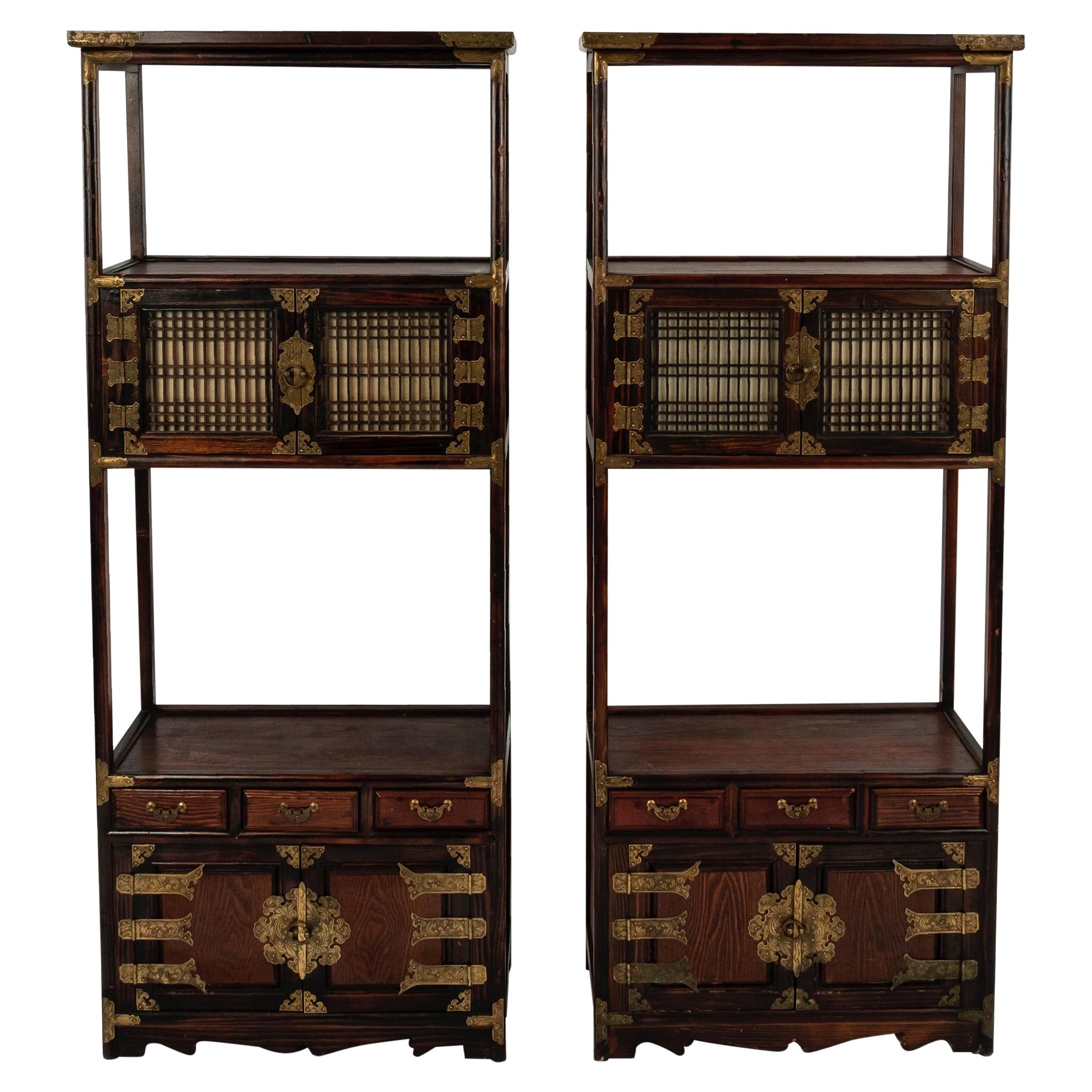 Pair of Korean Brass Mounted Étagère Cabinets