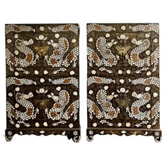 Pair of Korean Lacquer Wood Stacking Nong Cabinets with Striking Inlays