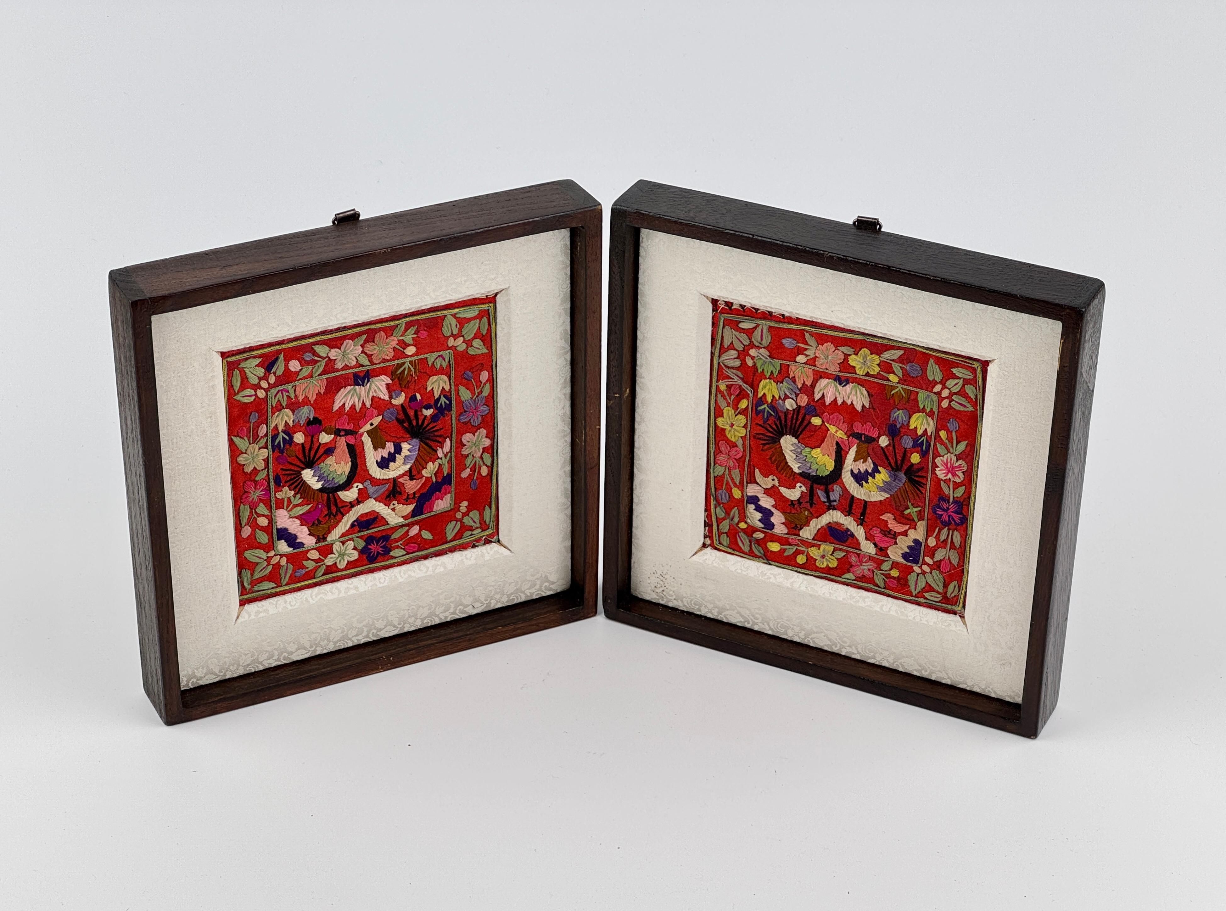 Pair of traditional embroidered frame, given by a bride to her husband as part of her dowry during marriage in Korea's modern era. The embroidered mandarin ducks symbolize marital harmony and fidelity. It is a framed piece made from a pillowcase