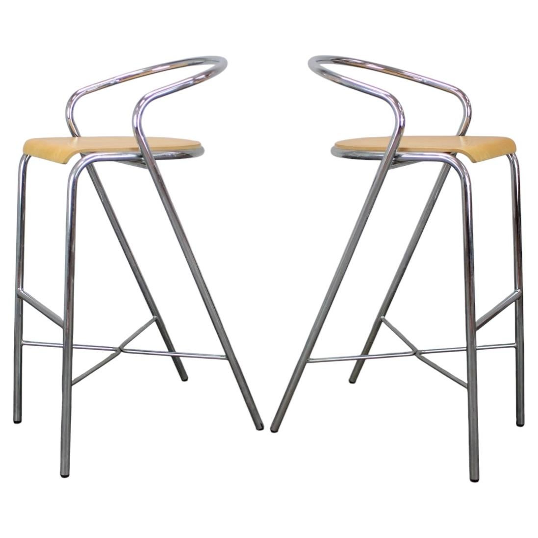 Pair of KOVONAX Chrome Bar Stools with Bentwood Seats, Czech Republic, 1999