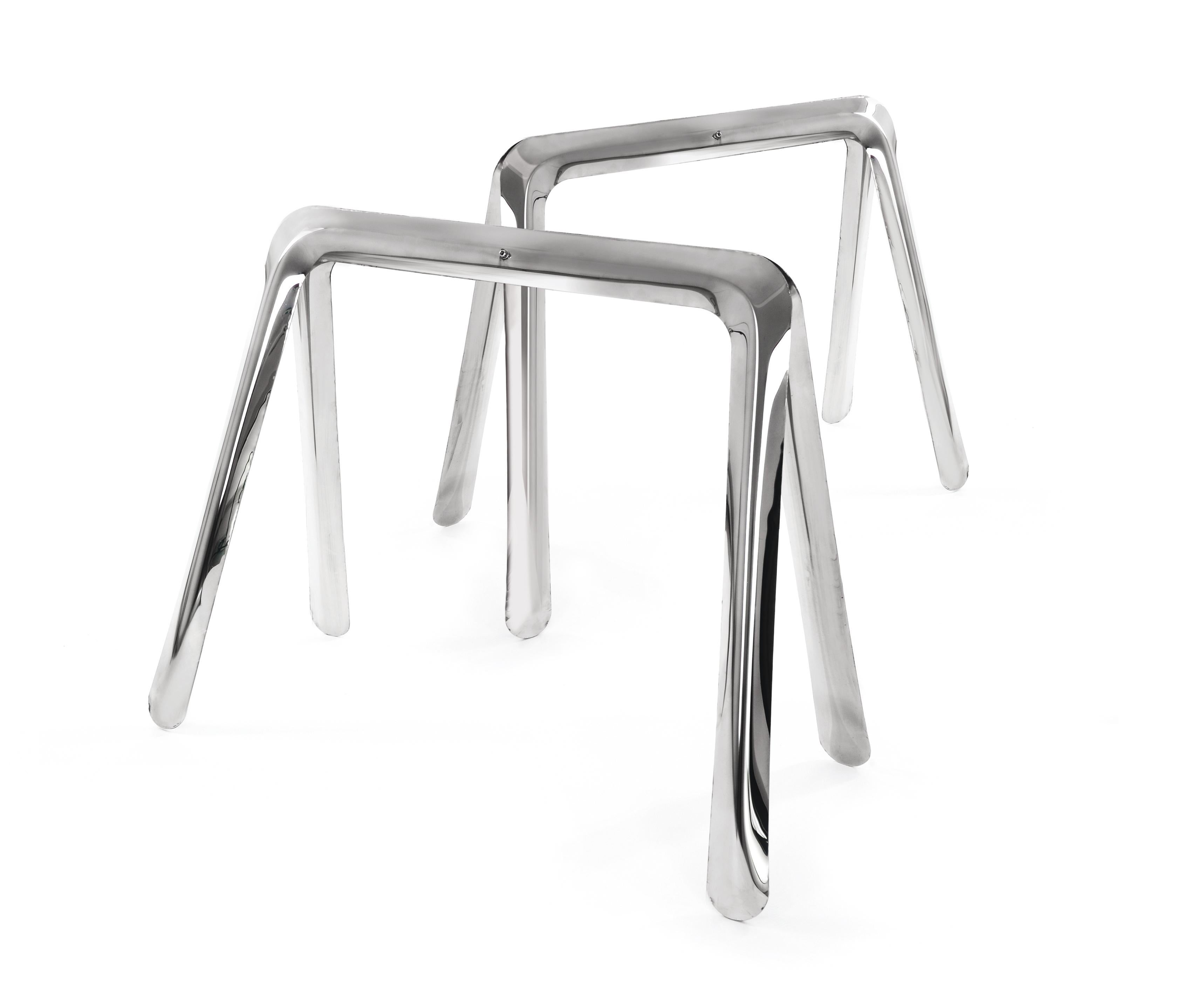 Pair of Koza trestles in stainless steel by Zieta
Dimensions: D 49 x W 96 x H 72 cm 
Material: Stainless steel.
Available in carbon steel.

Flexible forming fits well all flexible solutions. Pure line of our trestle Koza is an effect of careful