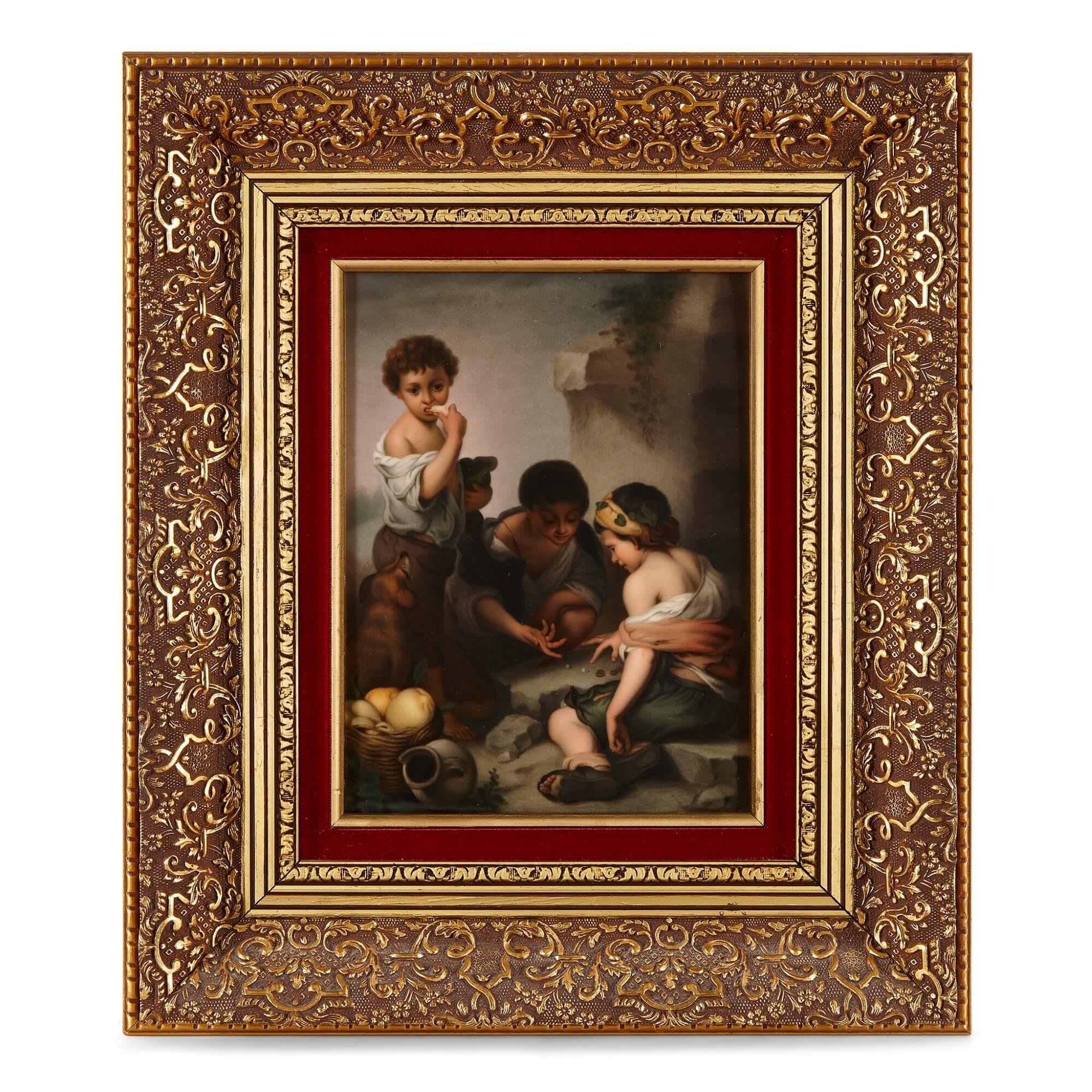 Pair of KPM porcelain plaques after Spanish Baroque paintings by Murillo
German, Late 19th Century
Plaques: Height 25cm, width 19cm, depth 0.5cm
Frames: 43cm, width 37cm, depth 4cm

Finely painted, these plaques form a pair of works by
