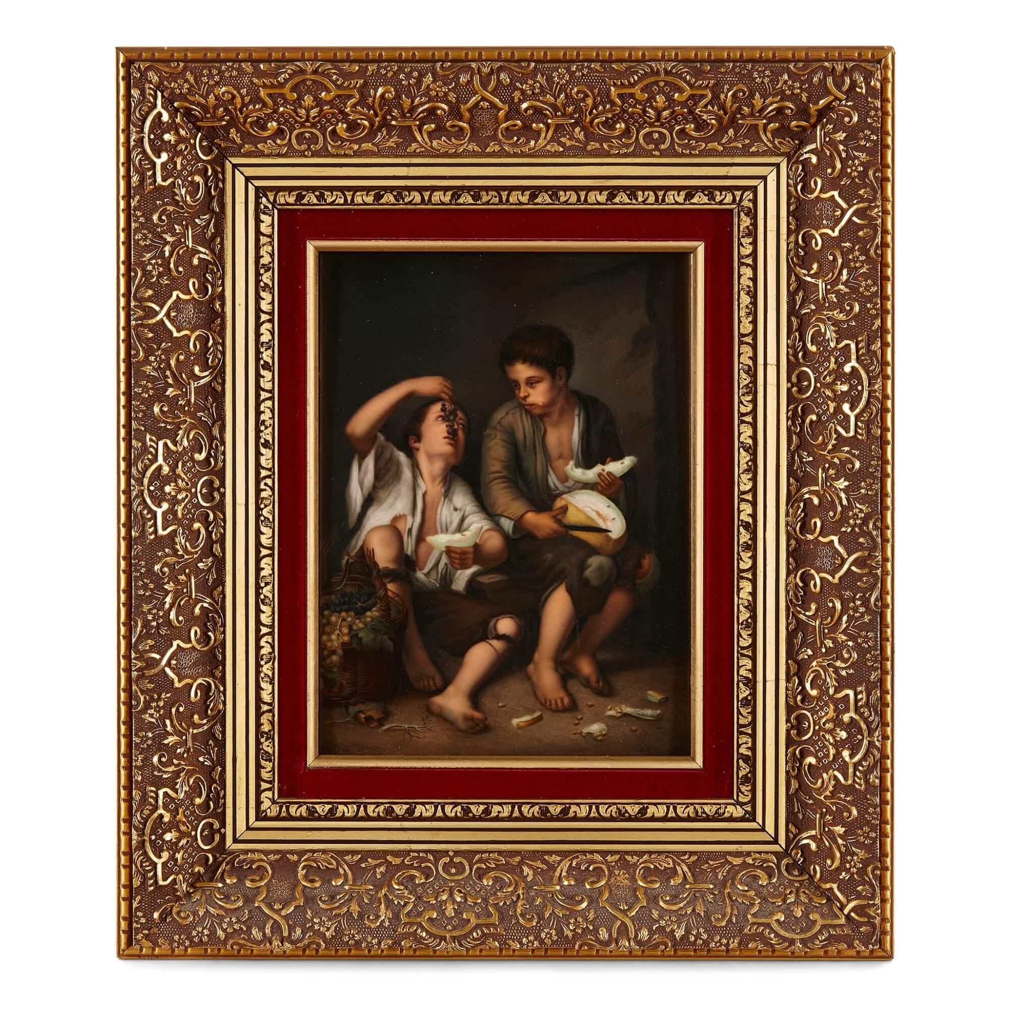 German Pair of KPM Porcelain Plaques After Spanish Baroque Paintings by Murillo For Sale