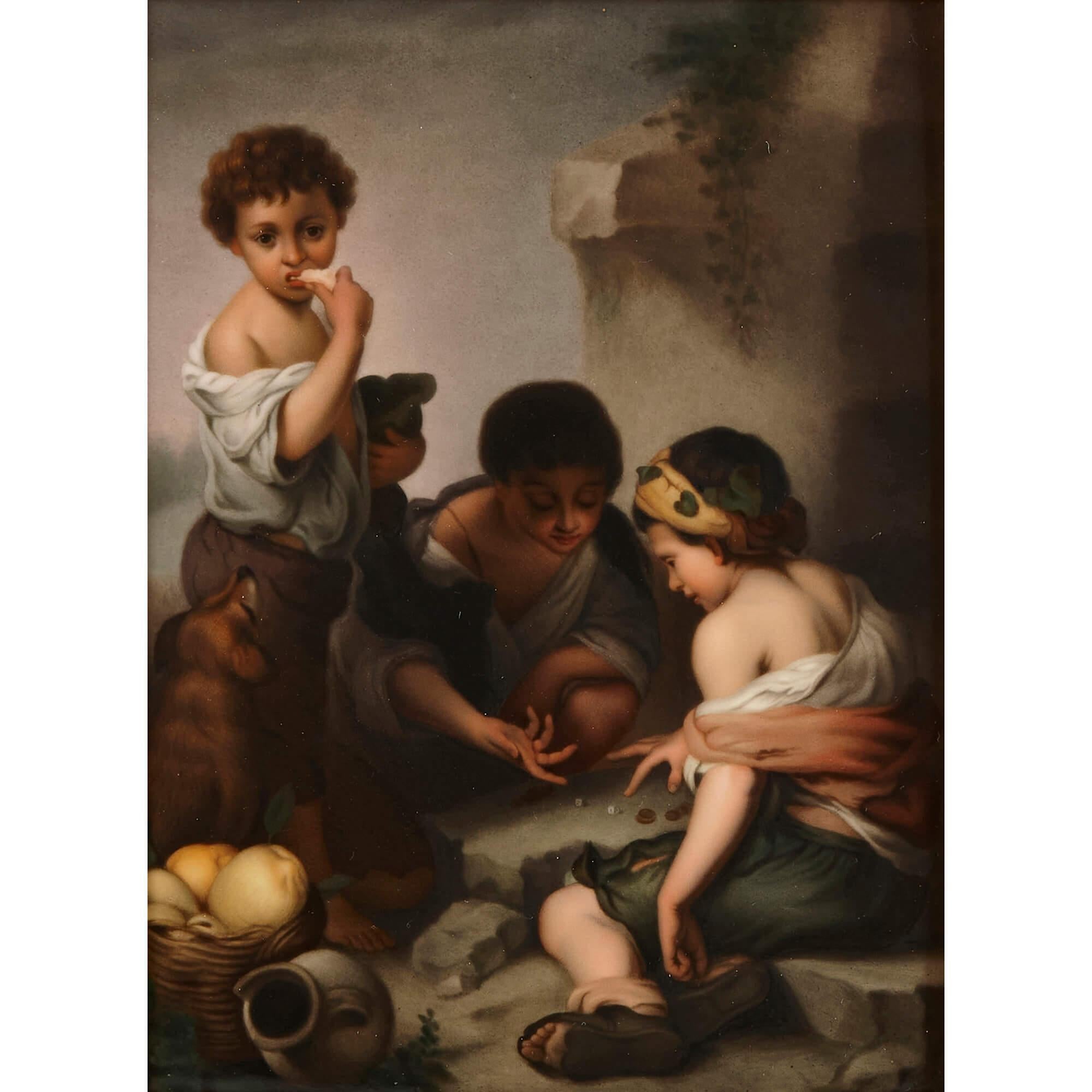 19th Century Pair of KPM Porcelain Plaques After Spanish Baroque Paintings by Murillo For Sale