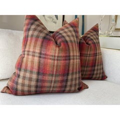 Pair of Kravet Nevis” in Russet and Mauve Wool Plaid Down Filled Pillows