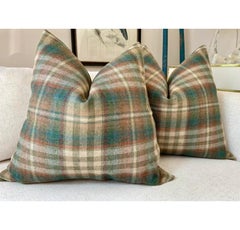 Pair of Kravet “Nevis” in Teal and Russet Wool Plaid Down Filled Pillows