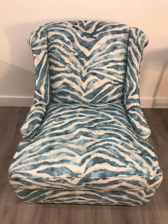 Pair of Kravet Upholstered Blue Zebra Print Club Wingback Chairs