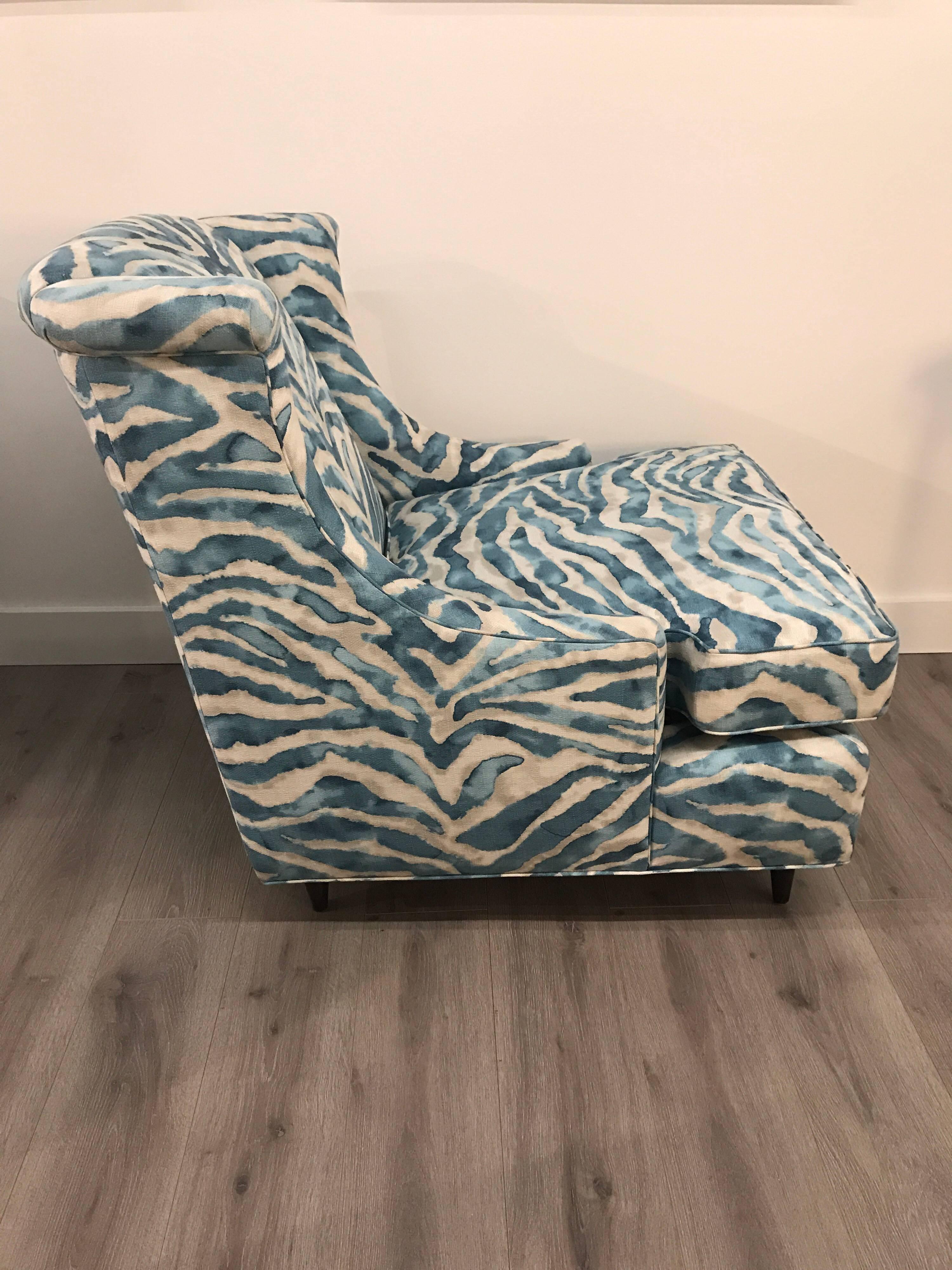 American Pair of Kravet Upholstered Blue Zebra Print Club Wingback Chairs