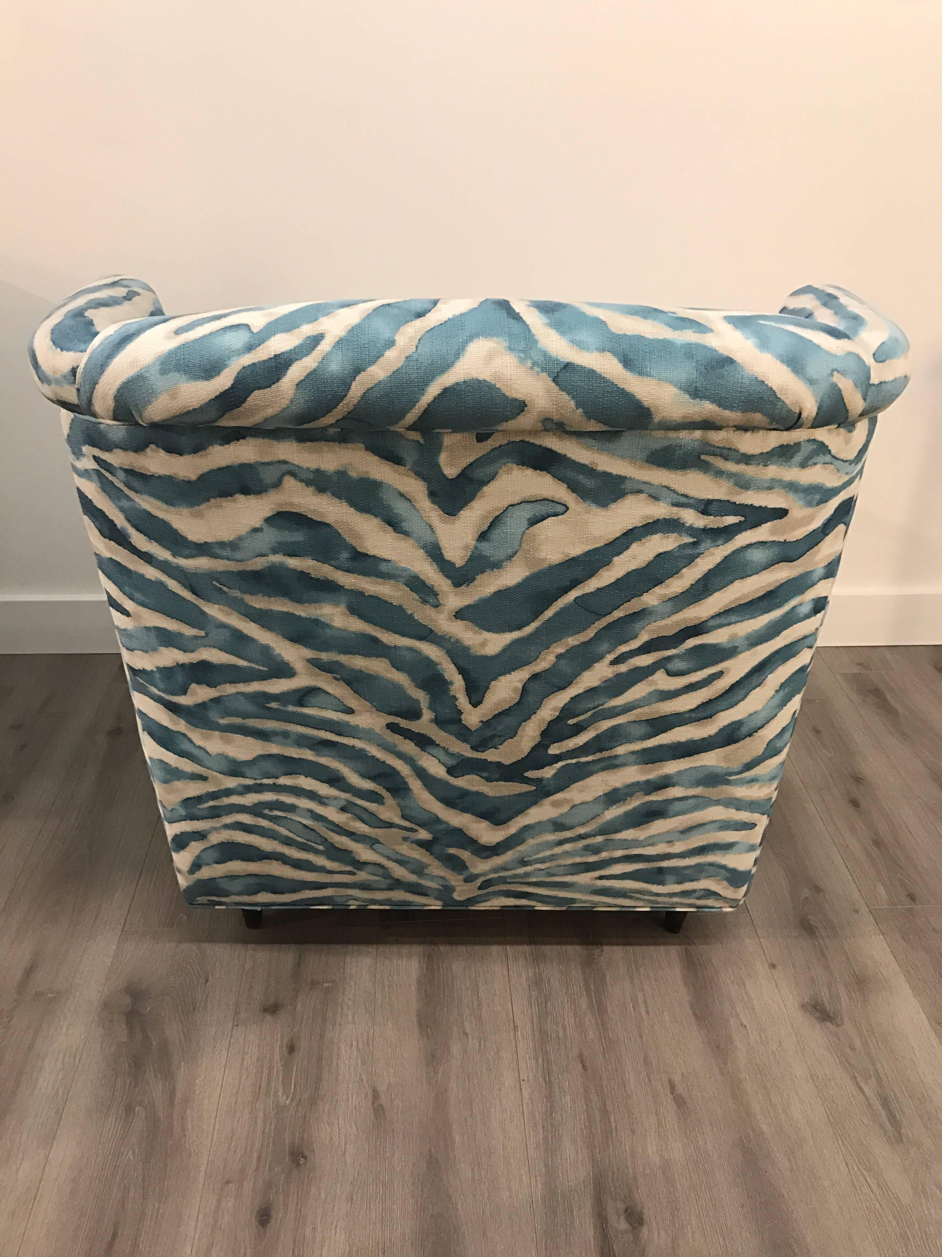 Pair of Kravet Upholstered Blue Zebra Print Club Wingback Chairs In Excellent Condition In West Hartford, CT