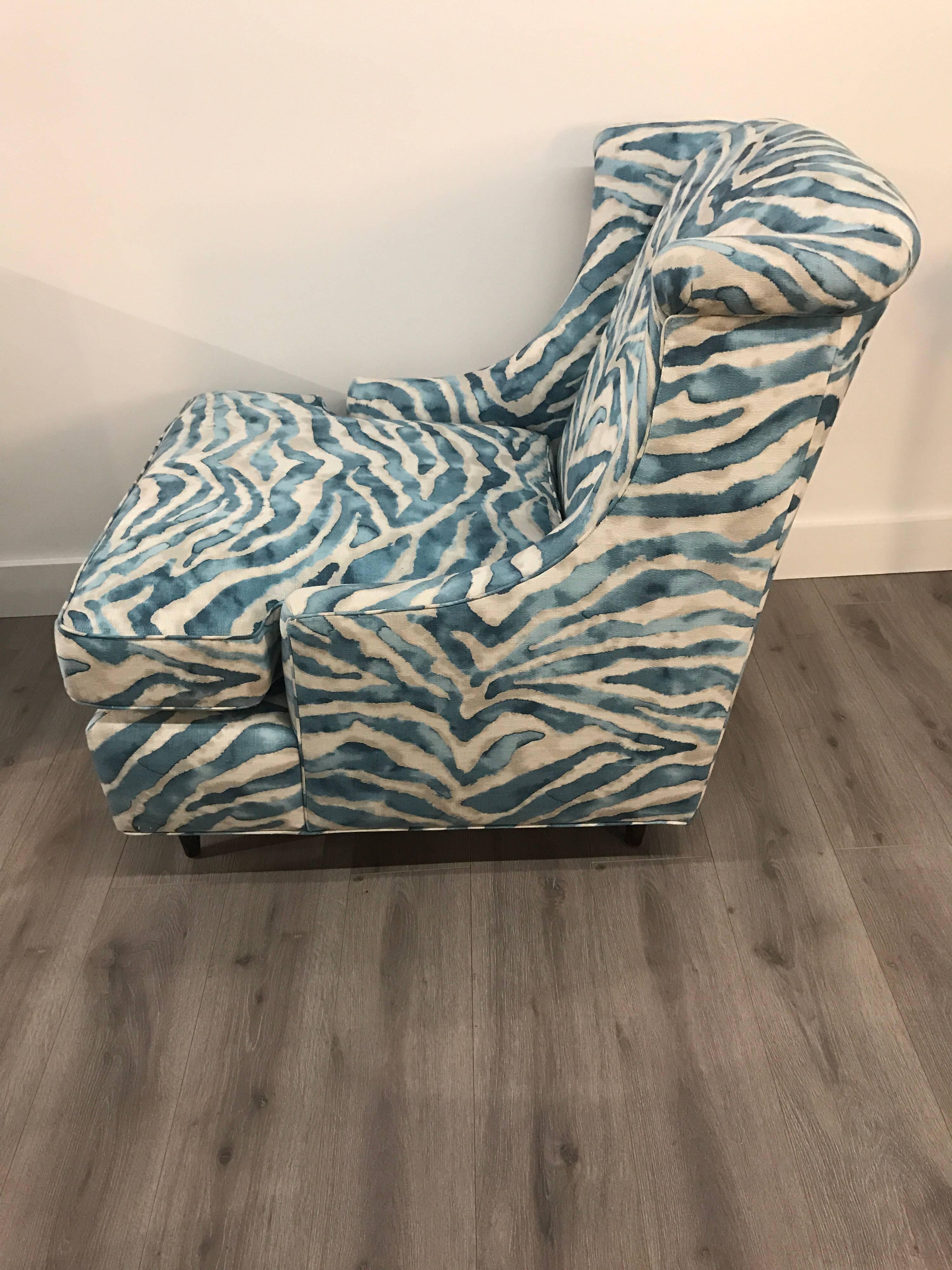 Contemporary Pair of Kravet Upholstered Blue Zebra Print Club Wingback Chairs