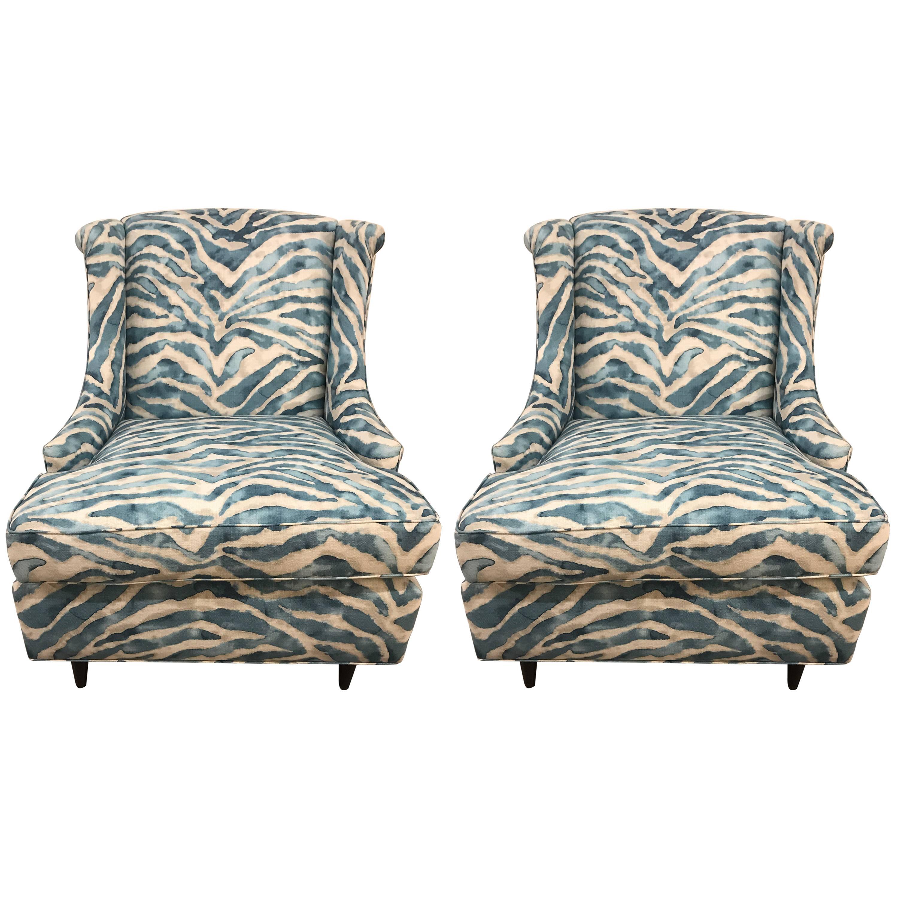 Pair of Kravet Upholstered Blue Zebra Print Club Wingback Chairs