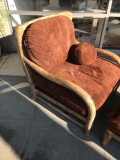 Pair of Kreiss Large Suede and Antiqued Rustico Wood Club Chairs and Ottoman