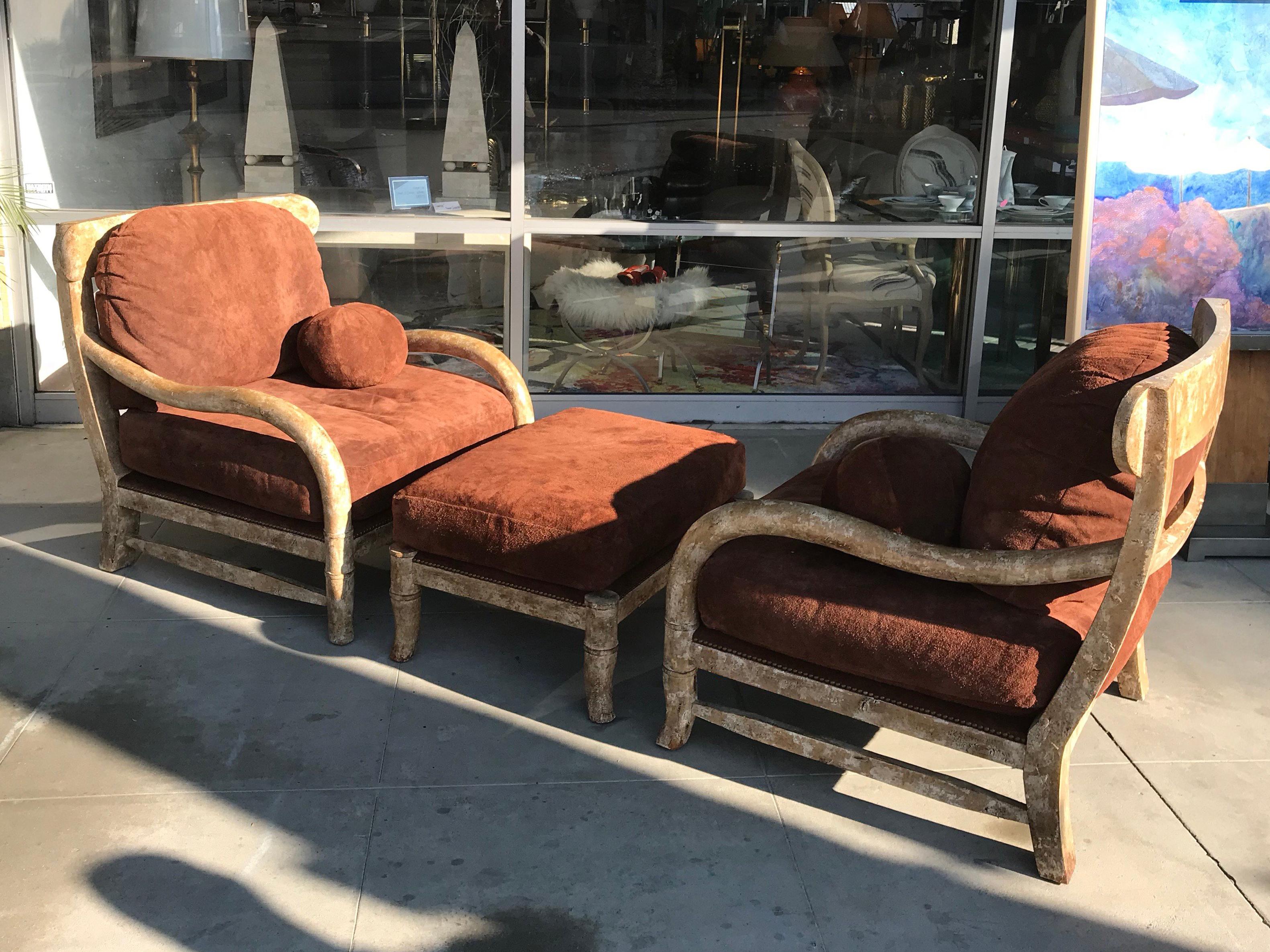 Pair of Kreiss Large Suede and Antiqued Rustico Wood Club Chairs and Ottoman 1
