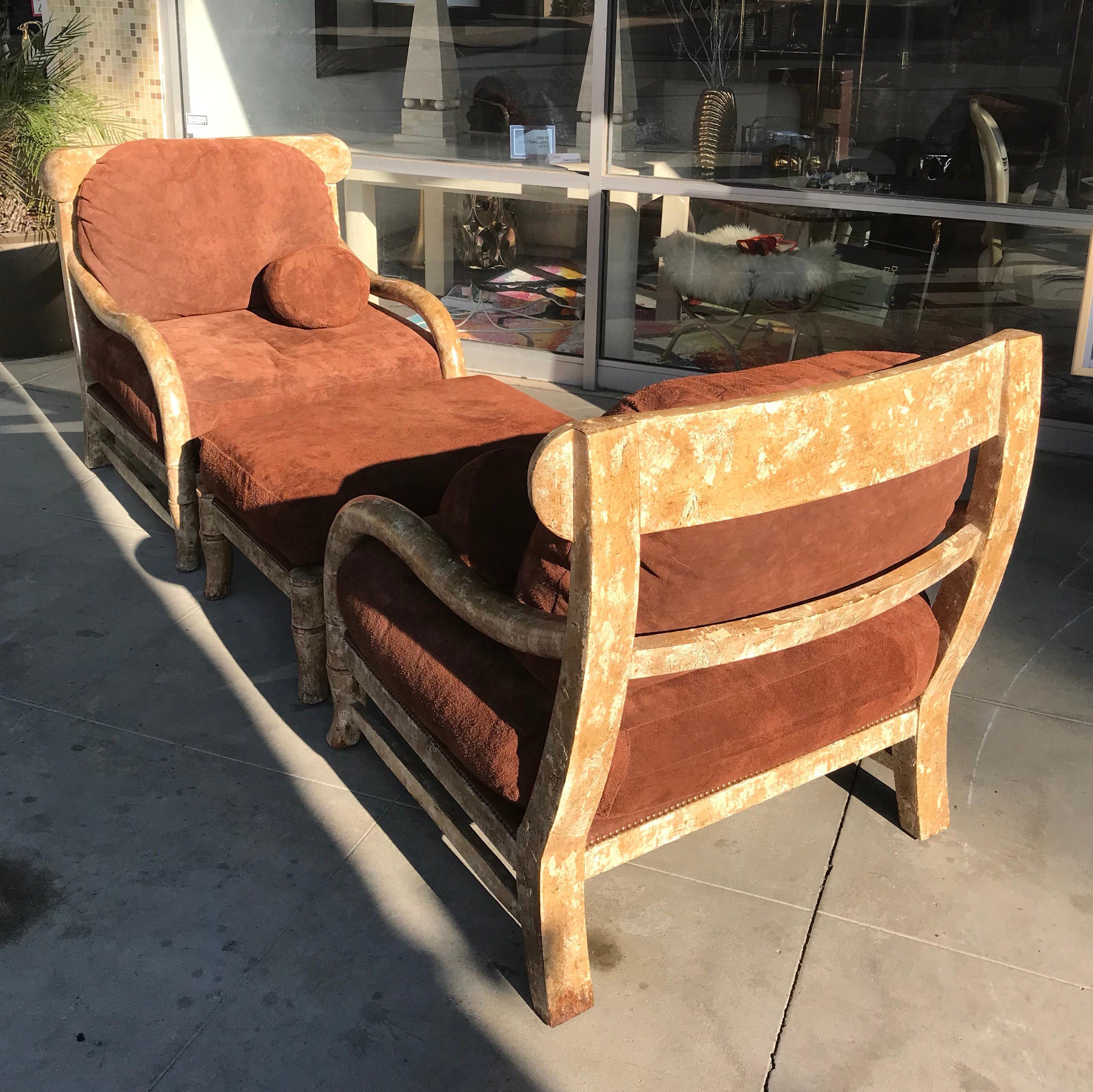 Pair of Kreiss Large Suede and Antiqued Rustico Wood Club Chairs and Ottoman 2