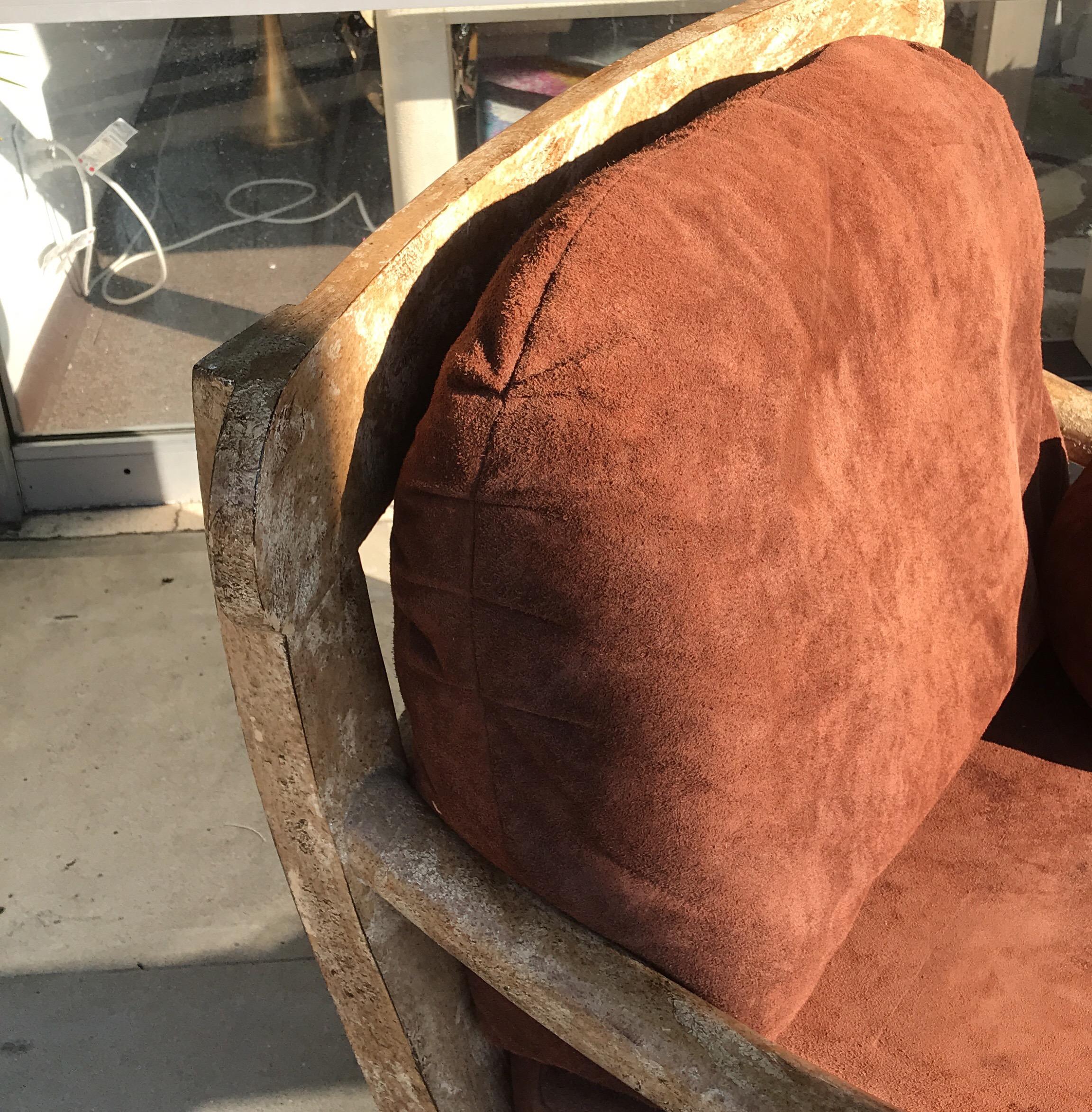 Late 20th Century Pair of Kreiss Large Suede and Antiqued Rustico Wood Club Chairs and Ottoman