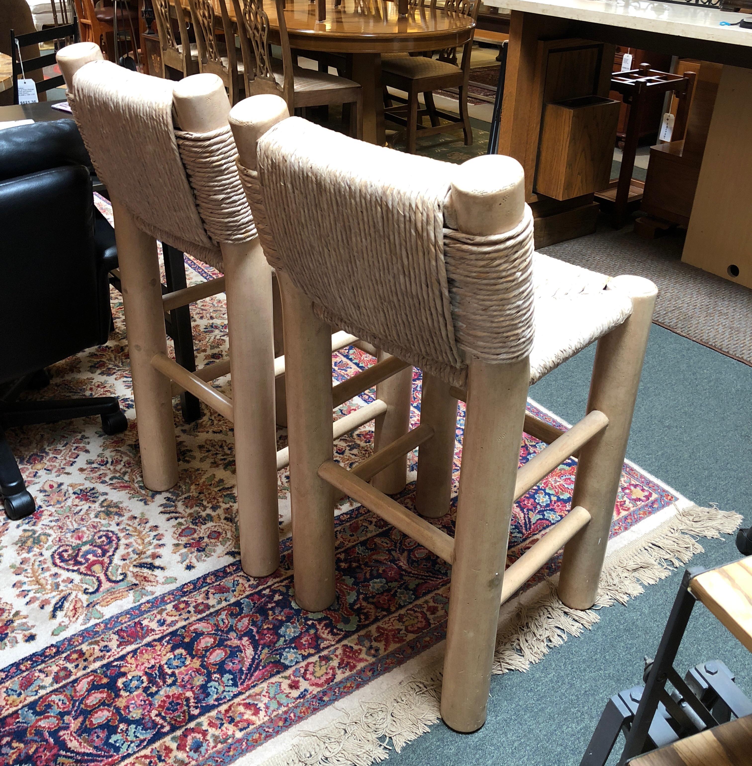 American Craftsman Pair of Kreiss Rush Wrapped Bar Height Stools For Sale