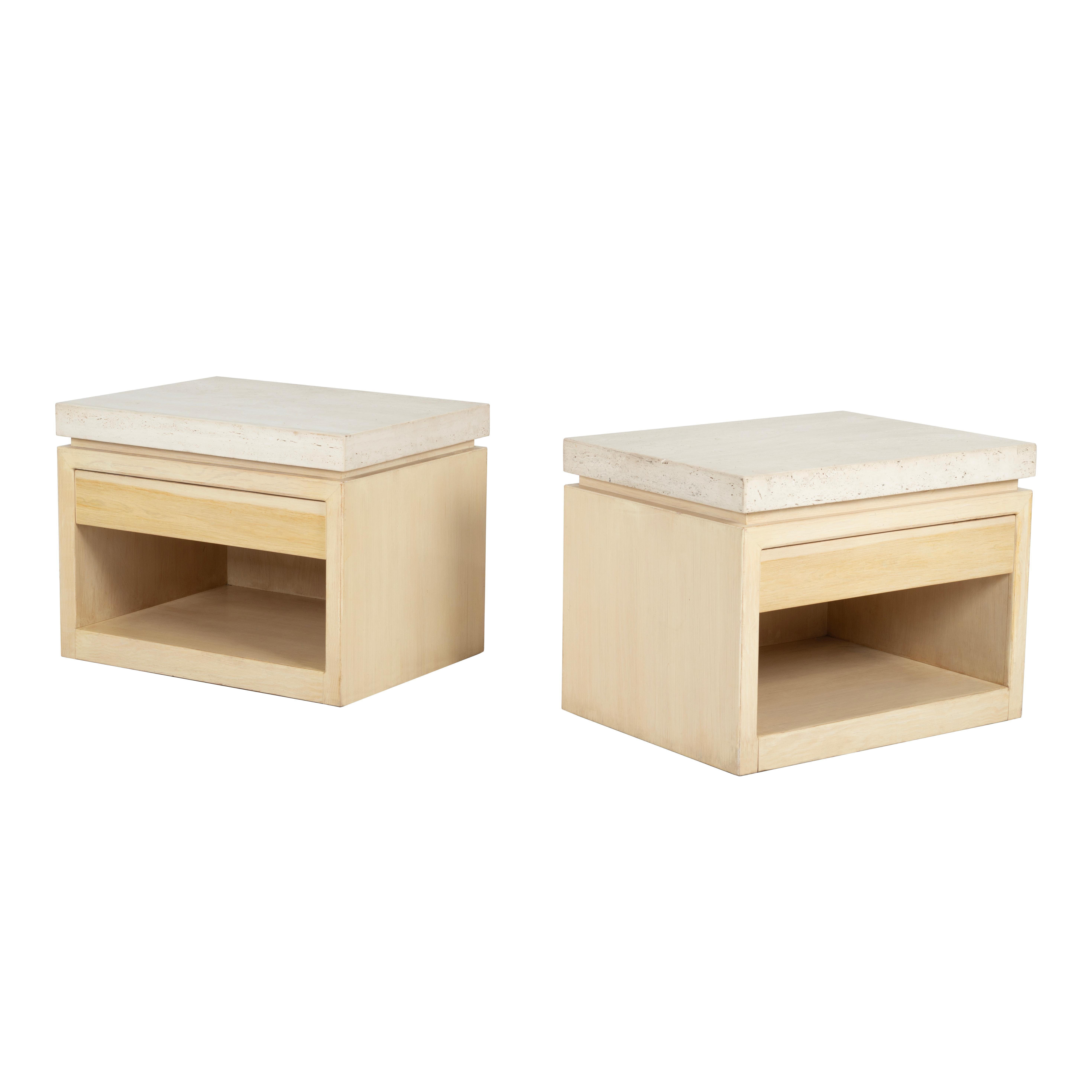 Pair of Kreiss Travertine and Oak End Tables 8