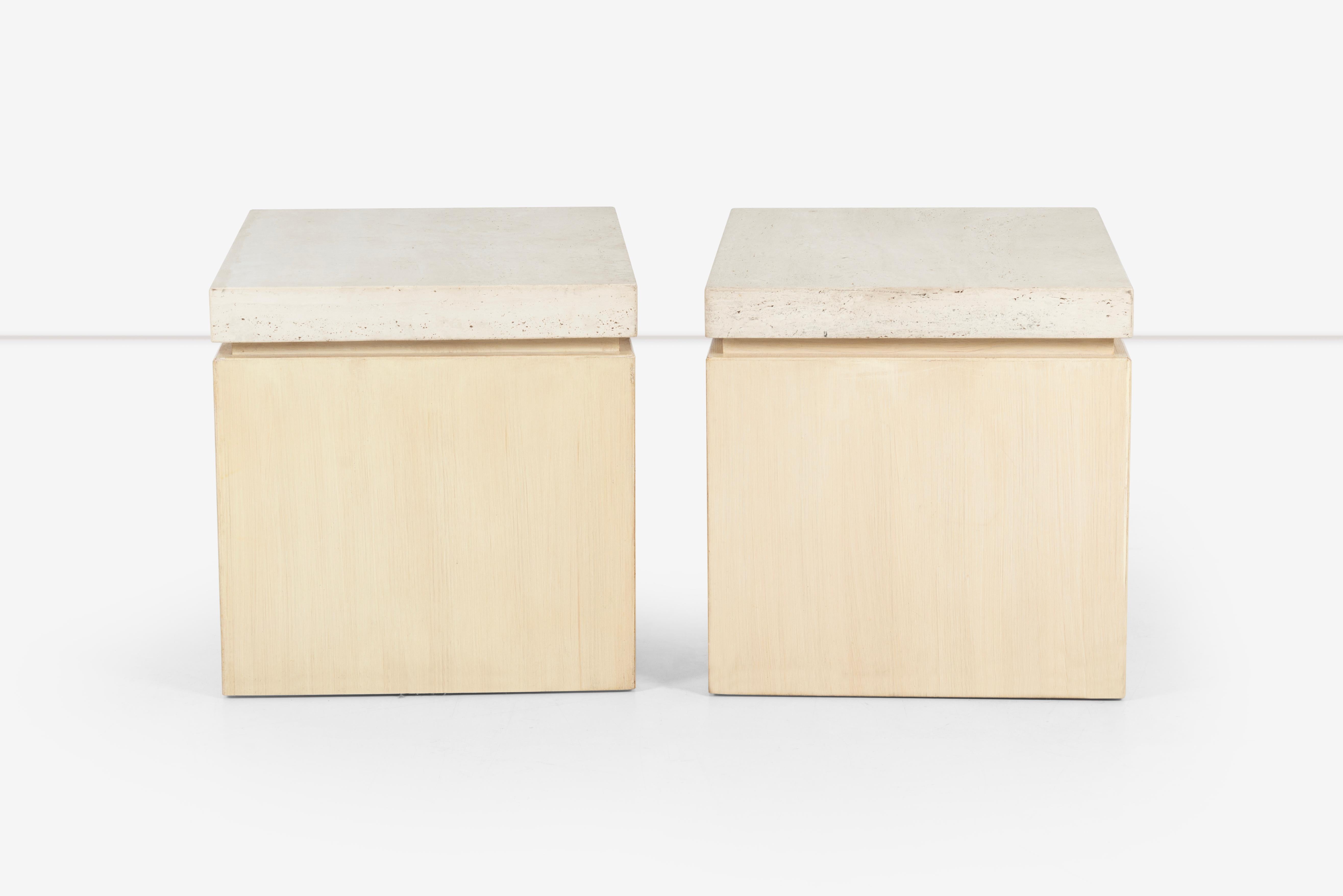 Pair of Kreiss Travertine and Oak End Tables 1