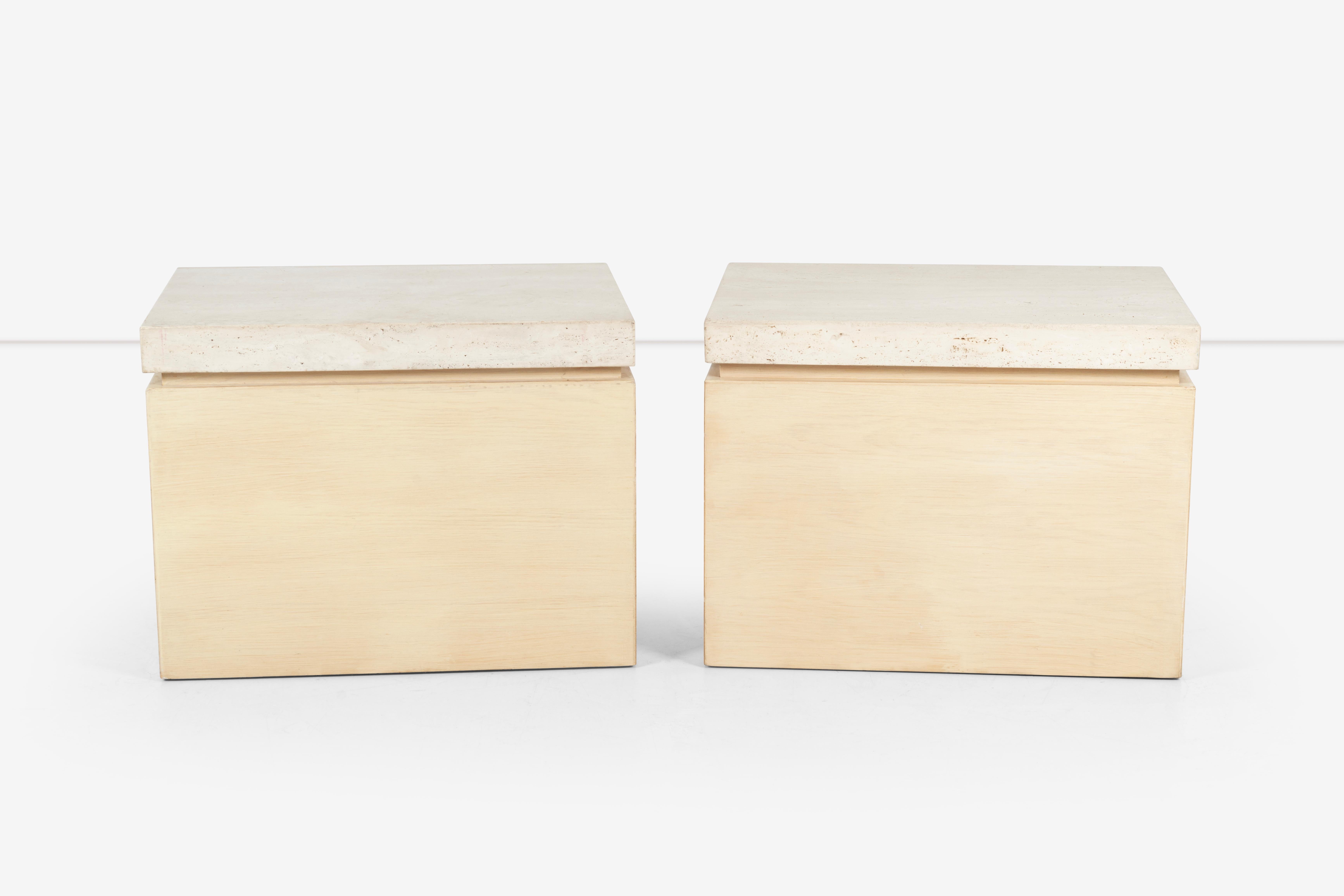 Pair of Kreiss Travertine and Oak End Tables 3