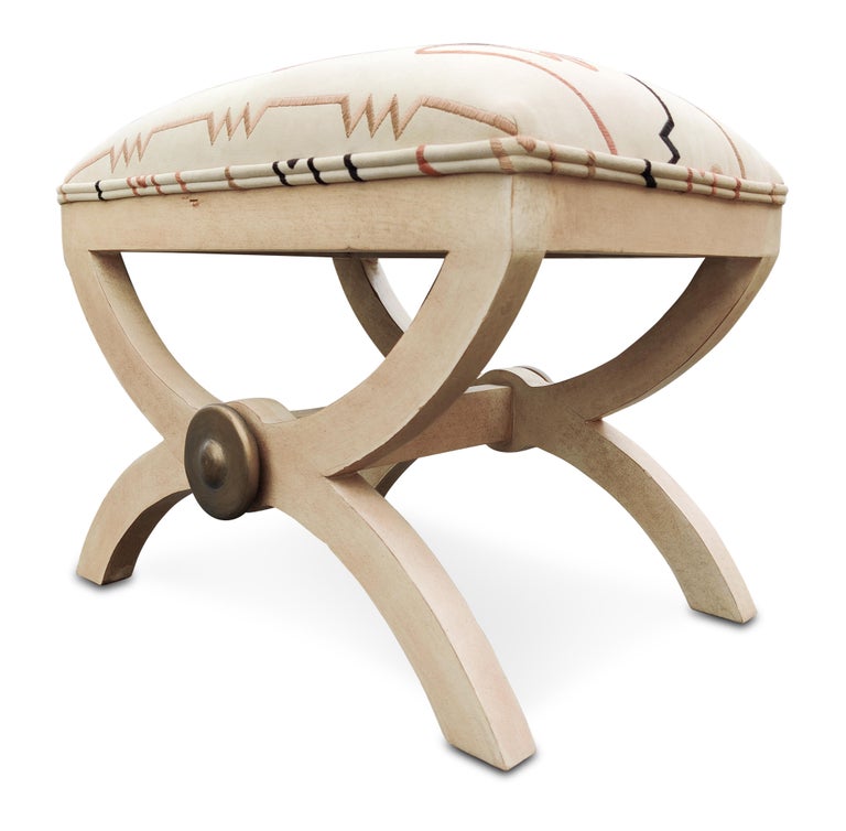 Post Modern Pair Kriess Upholstery Carved and Painted Wood Low Benches