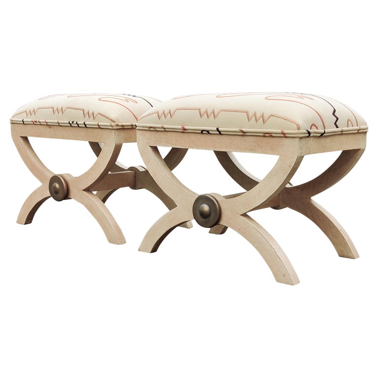 Post Modern Pair Kriess Upholstery Carved and Painted Wood Low Benches