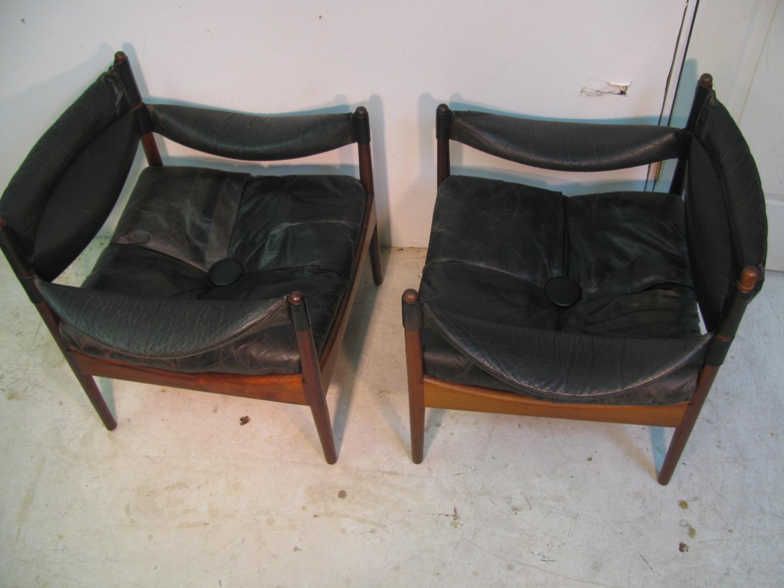 Polished Pair Kristian Solmer Vedel Mid Century Danish Modern Leather & Rosewood Chair