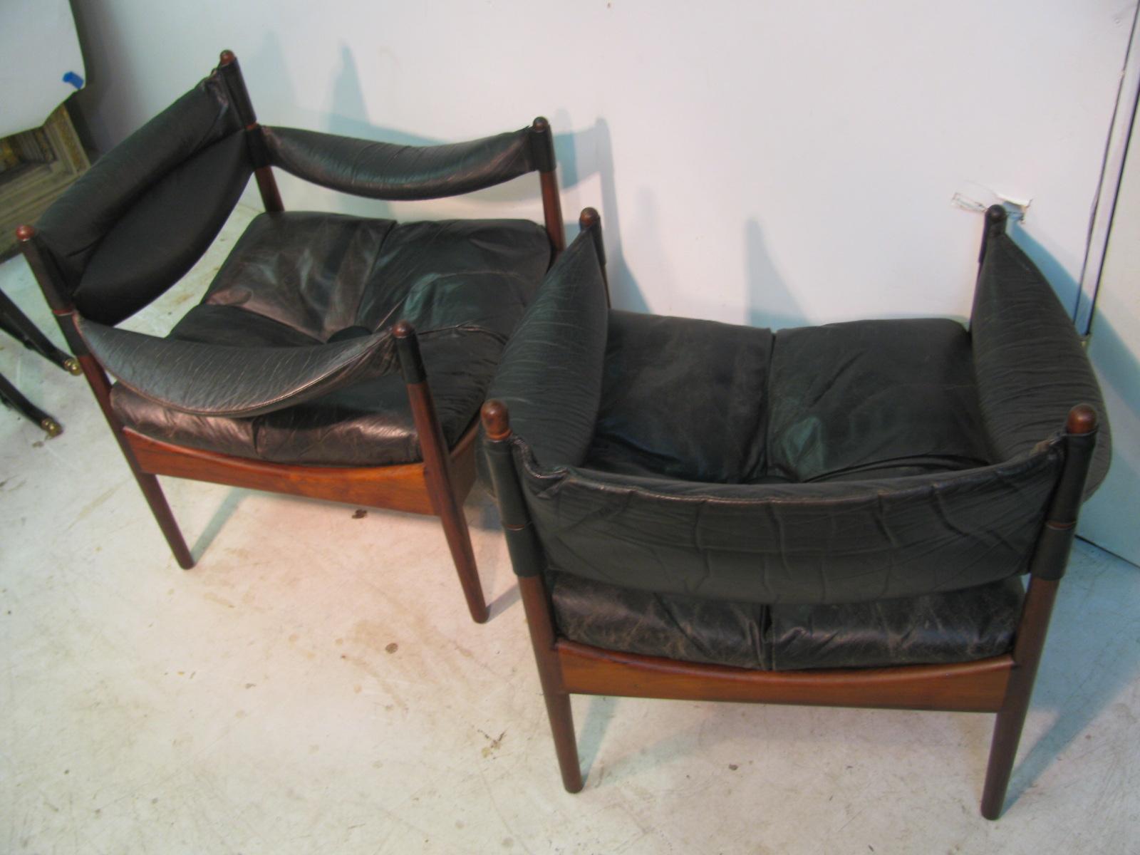 Pair Kristian Solmer Vedel Mid Century Danish Modern Leather & Rosewood Chair In Good Condition In Port Jervis, NY