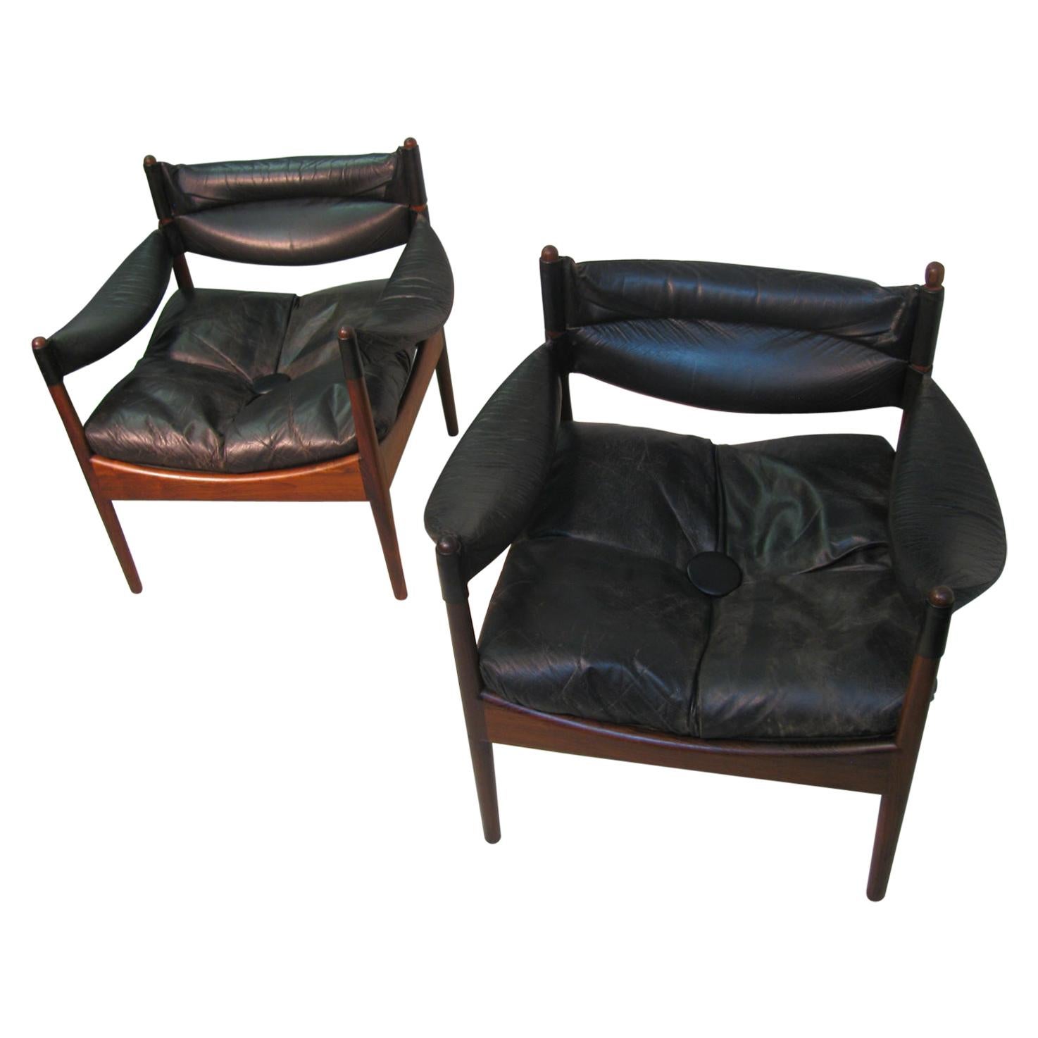 Pair Kristian Solmer Vedel Mid Century Danish Modern Leather & Rosewood Chair