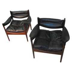 Pair Kristian Solmer Vedel Mid Century Danish Modern Leather & Rosewood Chair