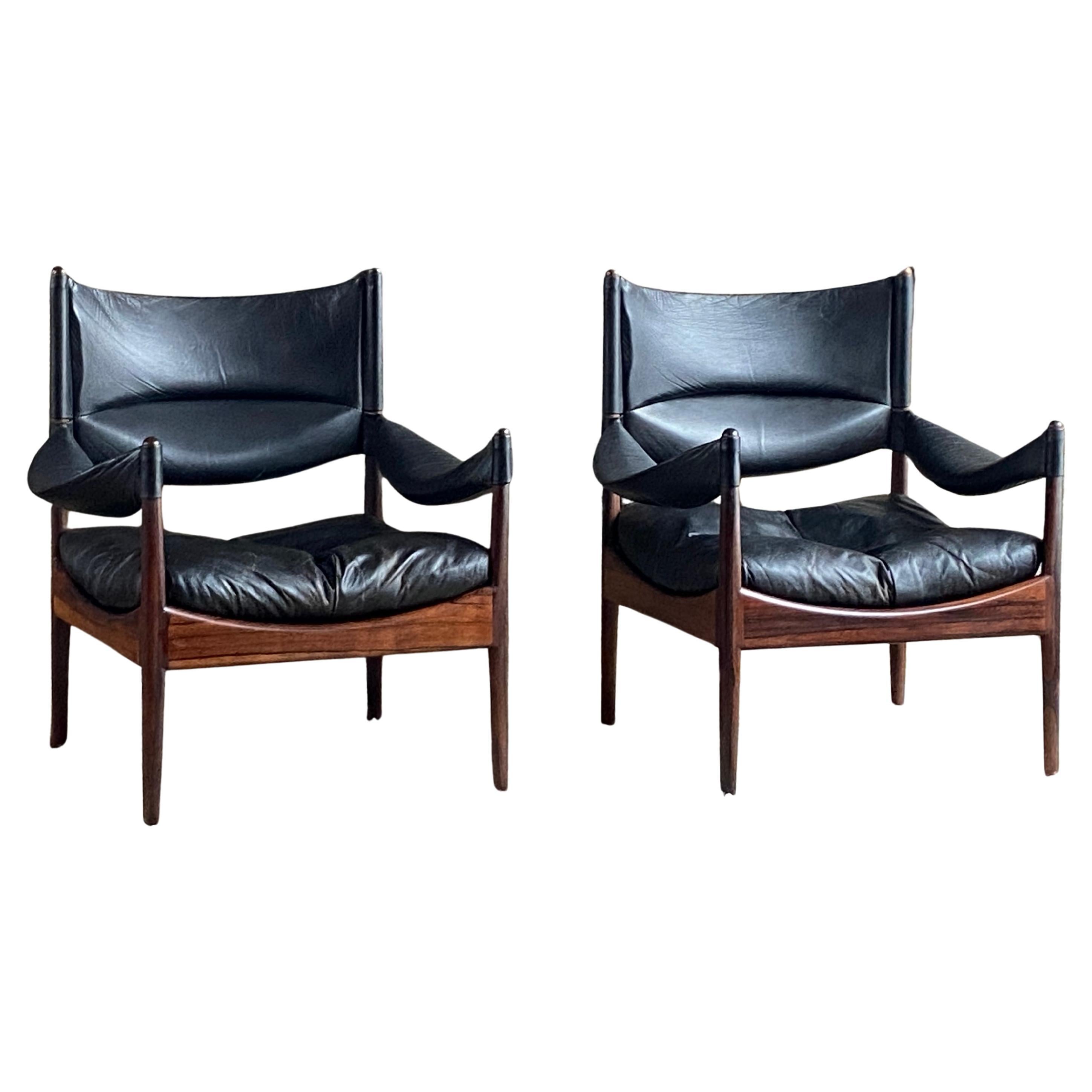 Pair of Kristian Vedel Danish rosewood and leather high back Modus lounge chairs