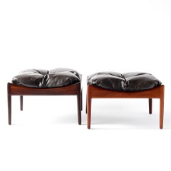 Pair of Kristian Vedel Rosewood Modus Ottomans with Brown Leather Upholstery