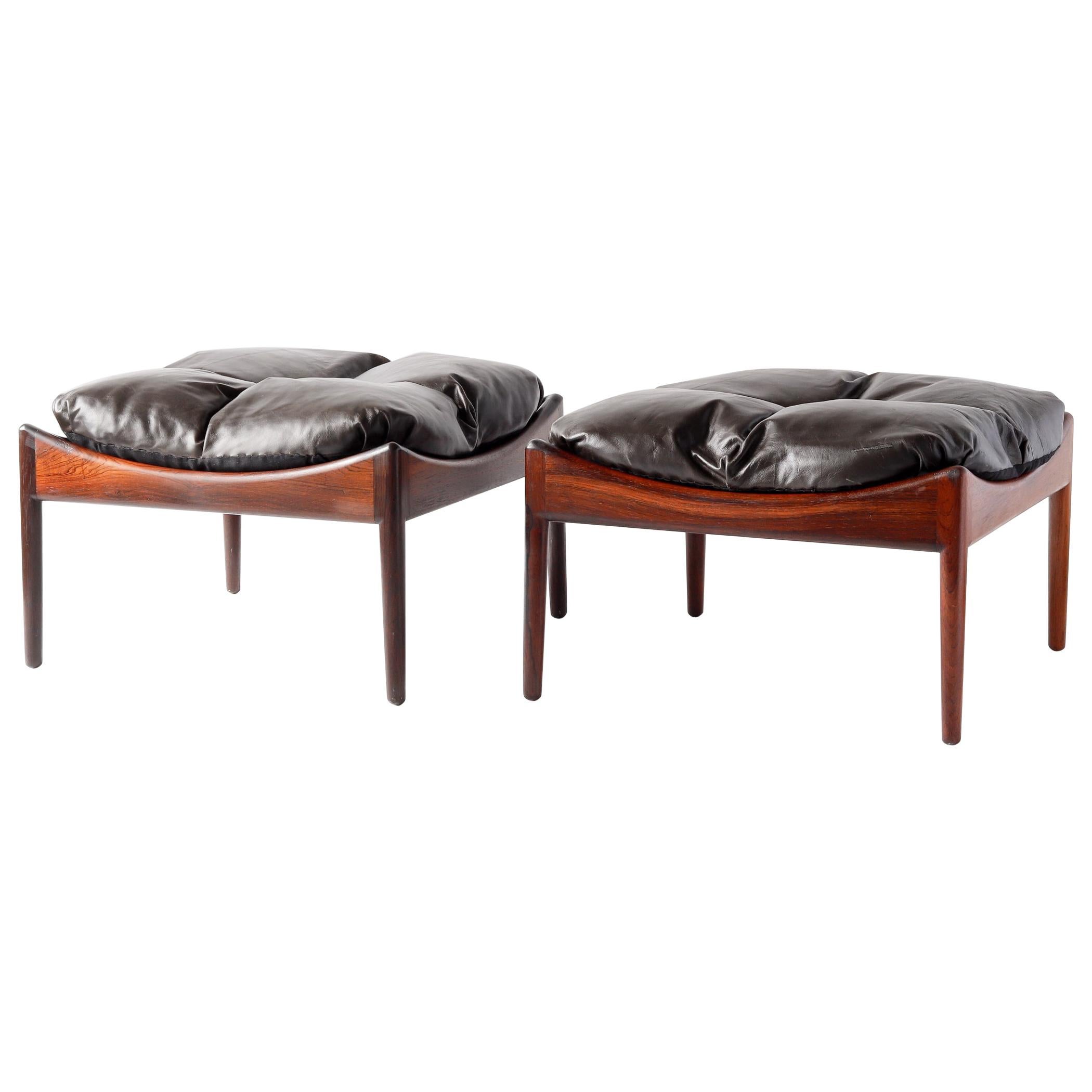 Pair of Kristian Vedel Rosewood Modus Ottomans with Brown Leather Upholstery  For Sale