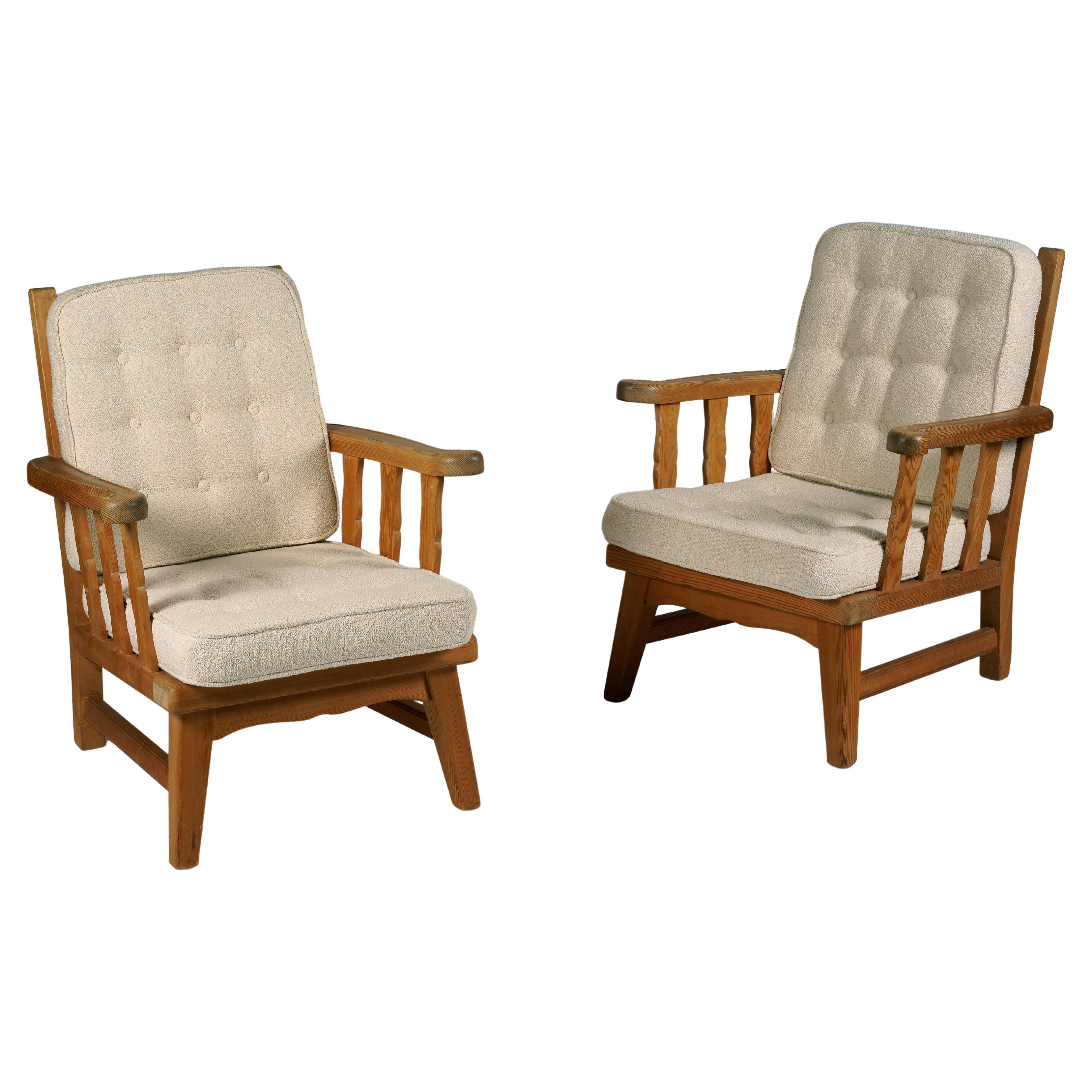 Pair of Krogenäs easy chairs in pine, reupholstered in boucle-fabric, 1960s
