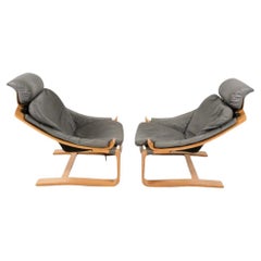 Pair of Kroken gray leather bentwood lounge chairs with ottoman Ake Fribytter