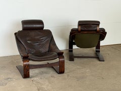 Pair of Kroken Lounge Chairs by Åke Fribytter, Dark Brown Leather, 1970s