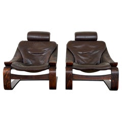 Pair of Kroken Lounge Chairs by Åke Fribytter, Dark Brown Leather, 1970s