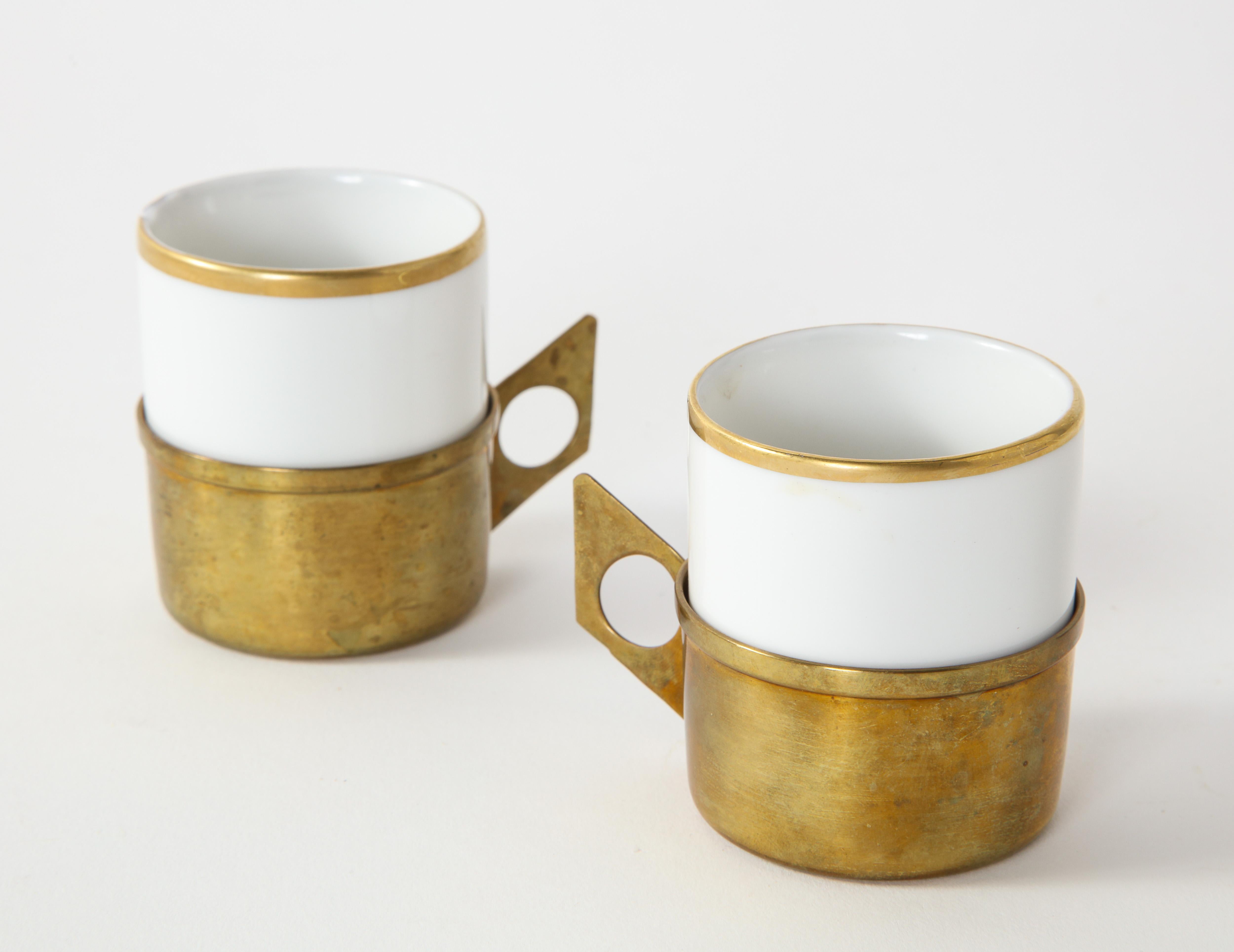 German Pair of Kronester Bavaria Porcelain and Brass Demitasse Cups