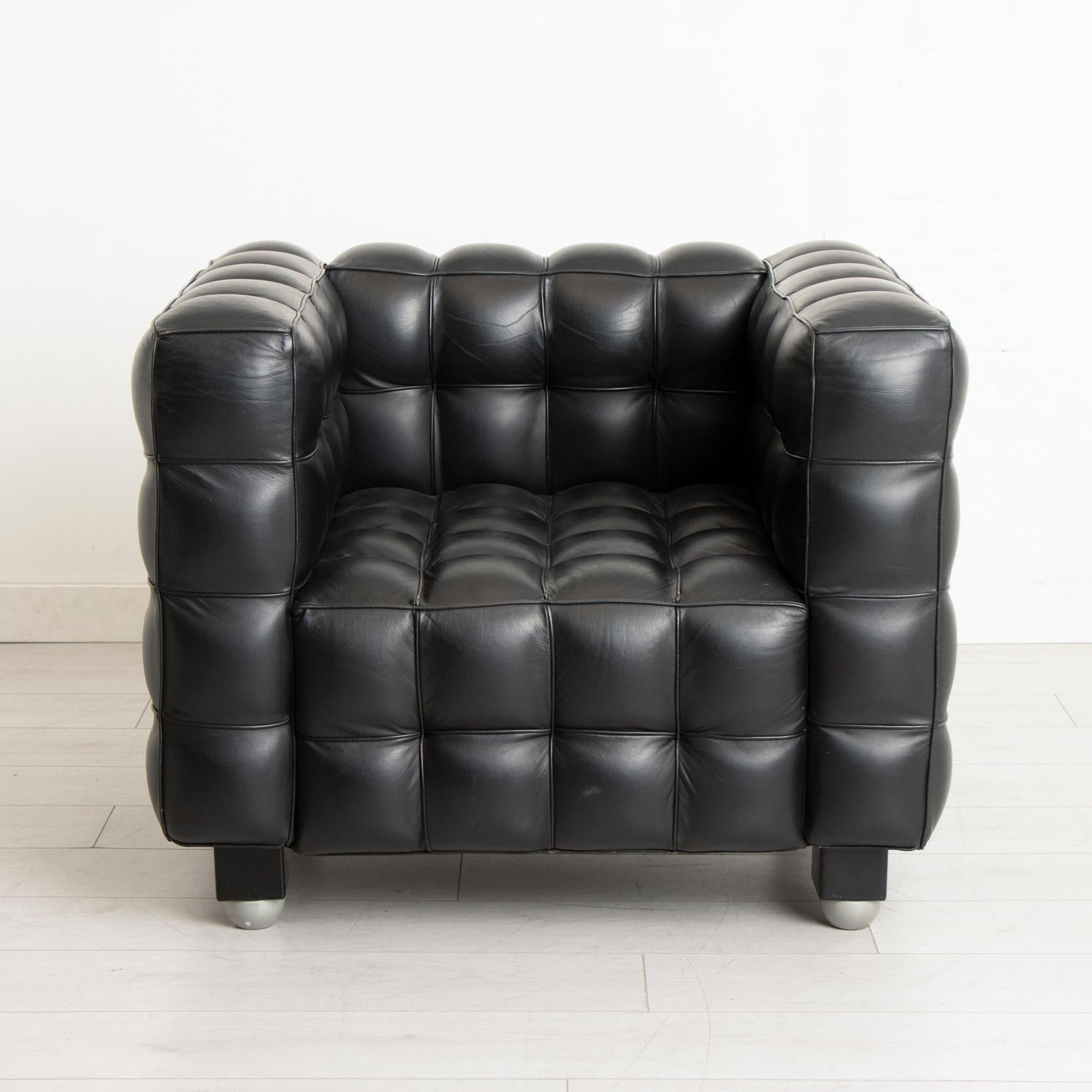 Pair of 'Kubus' Black Leather Armchairs in the Manner of Josef Hoffmann, c.1970 In Good Condition In Surrey, GB