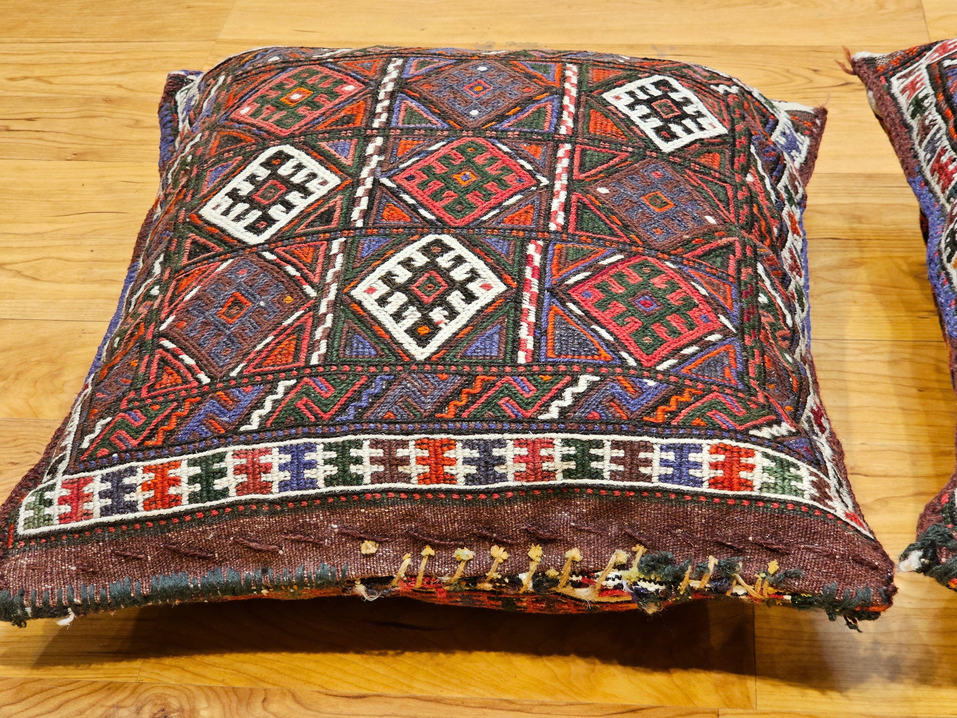 Pair of Kurdish Saddlebag Pillows in Red, Green, Ivory, Purple, Cornmeal For Sale 3