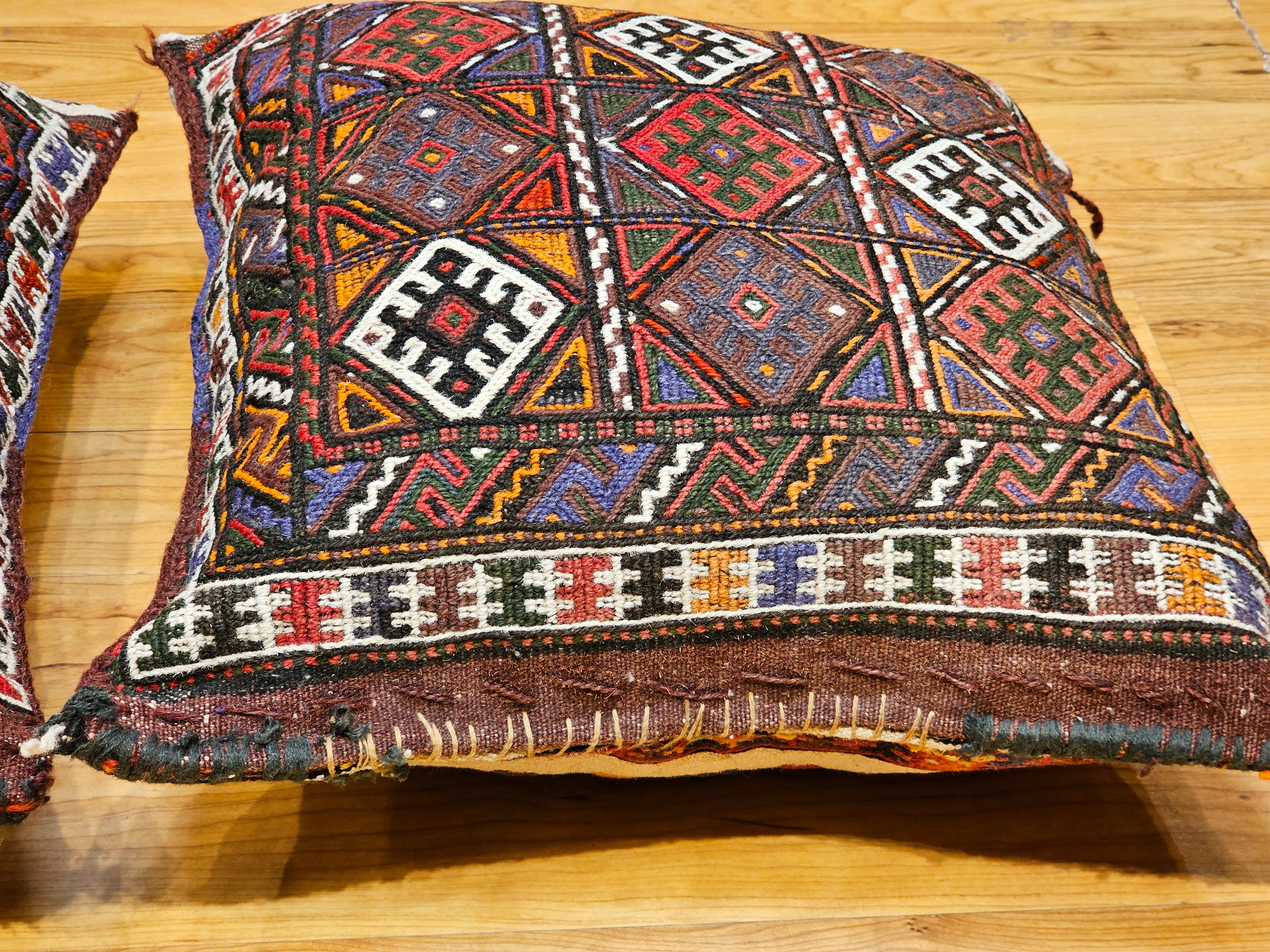 Pair of Kurdish Saddlebag Pillows in Red, Green, Ivory, Purple, Cornmeal For Sale 4