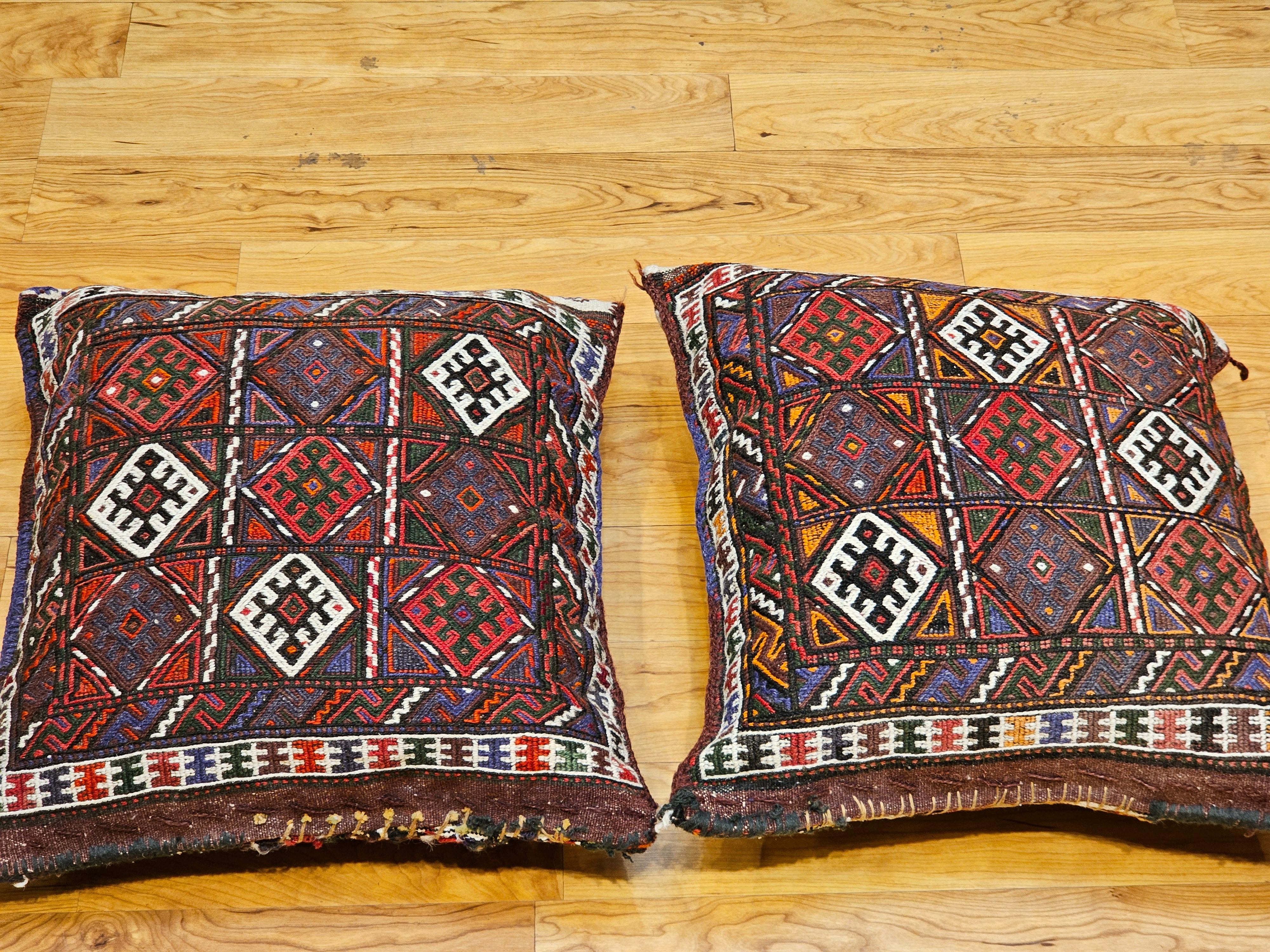 Pair of Kurdish Saddlebag Pillows in Red, Green, Ivory, Purple, Cornmeal For Sale 5
