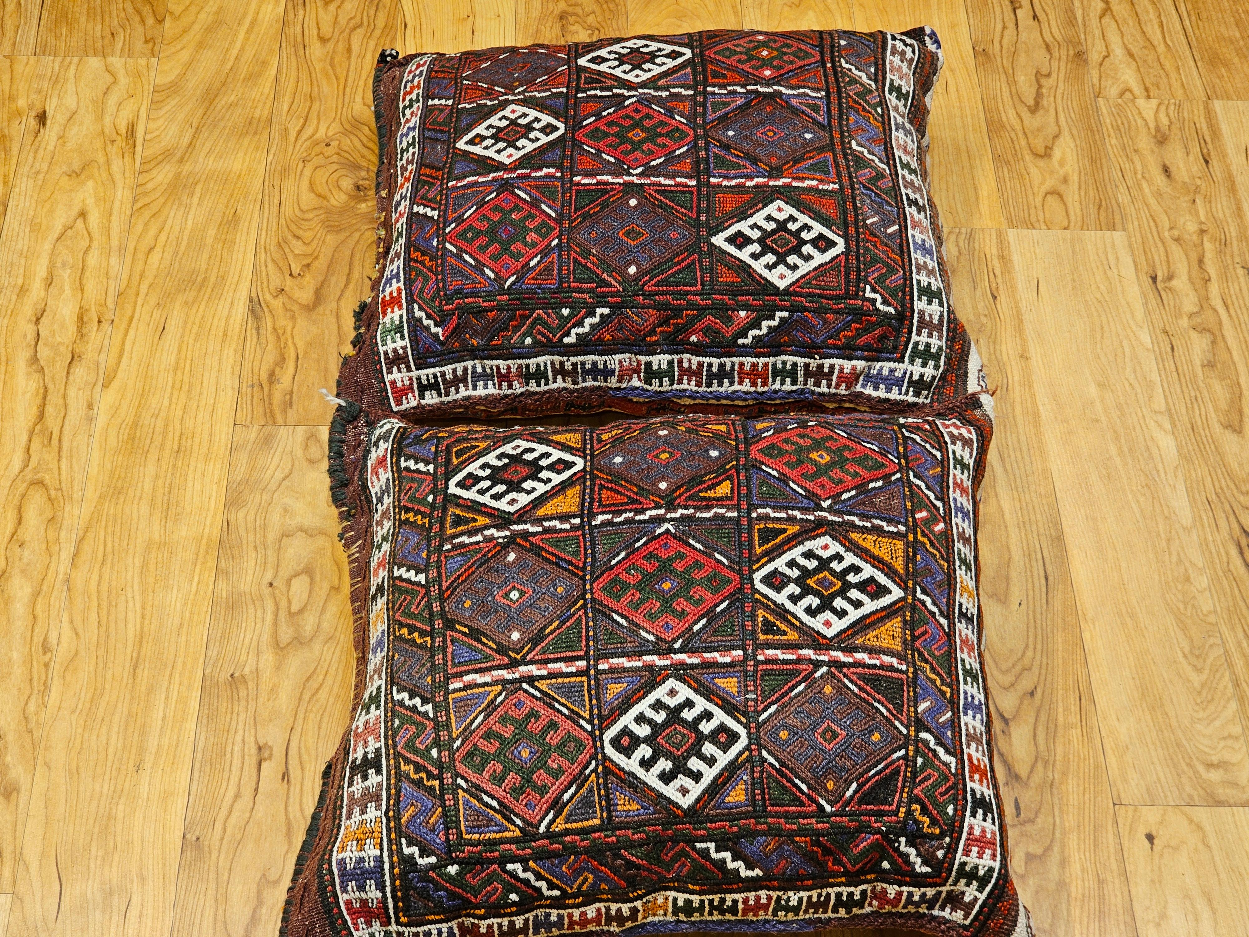 Pair of Kurdish Saddlebag Pillows in Red, Green, Ivory, Purple, Cornmeal For Sale 7