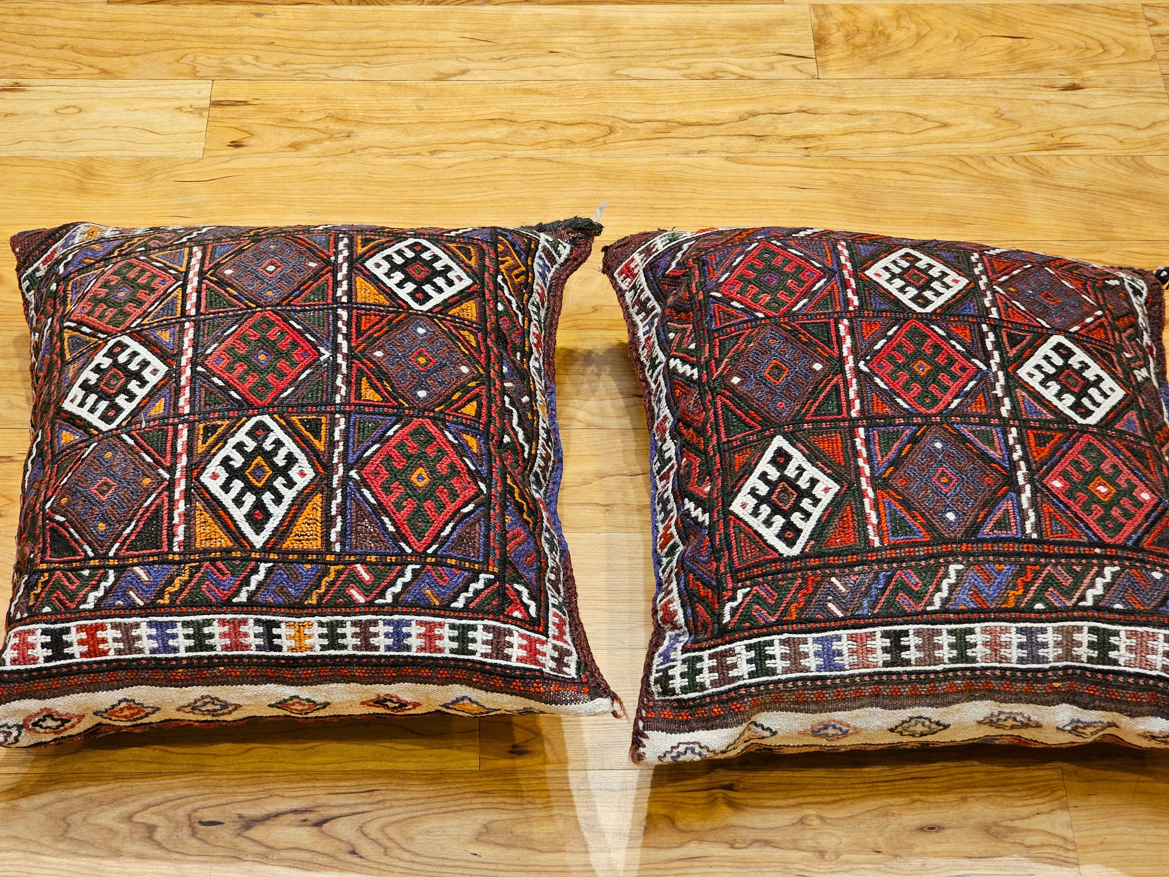 Pair of Kurdish Saddlebag Pillows in Red, Green, Ivory, Purple, Cornmeal For Sale 8